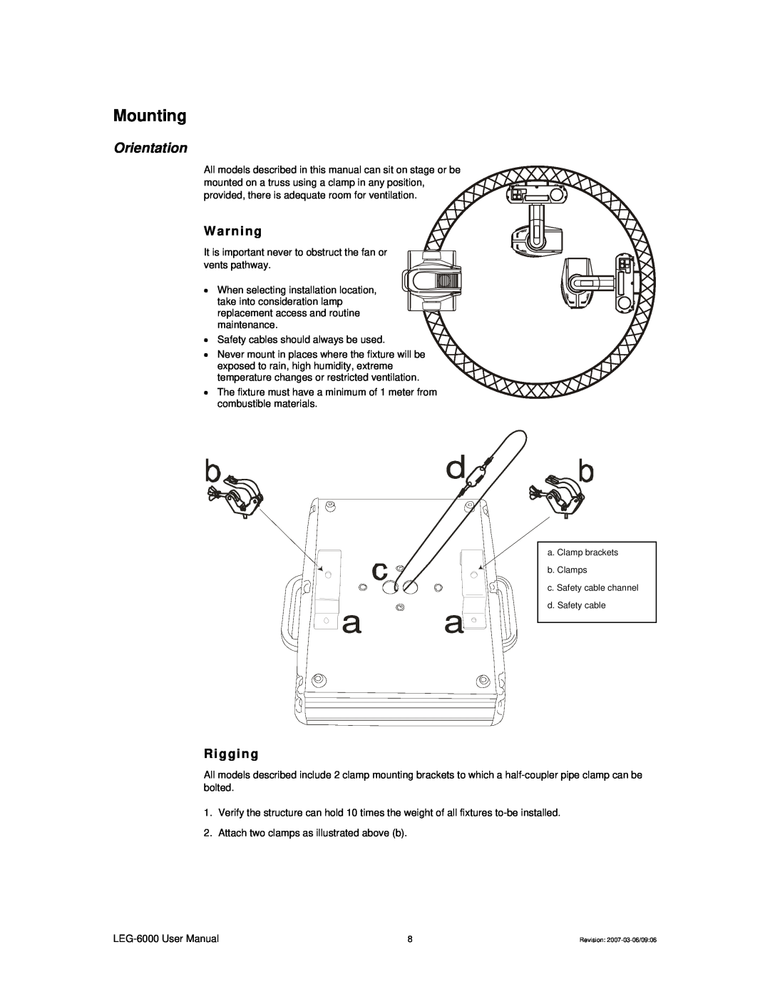 Chauvet LEG-6000, 6000X user manual Mounting, Orientation, Rigging, d a a 