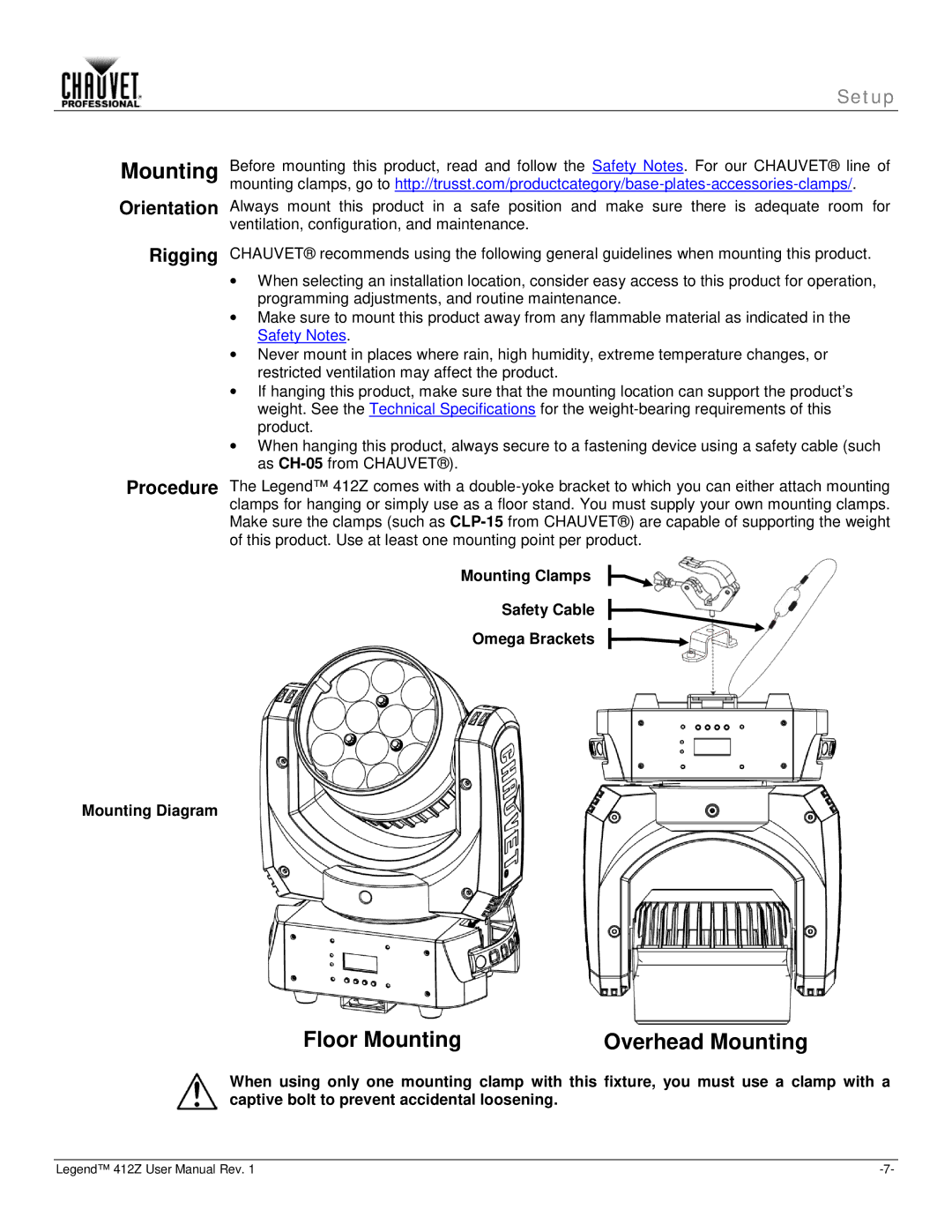 Chauvet Legend 412Z user manual Floor Mounting, Orientation Rigging Procedure, Mounting Diagram 