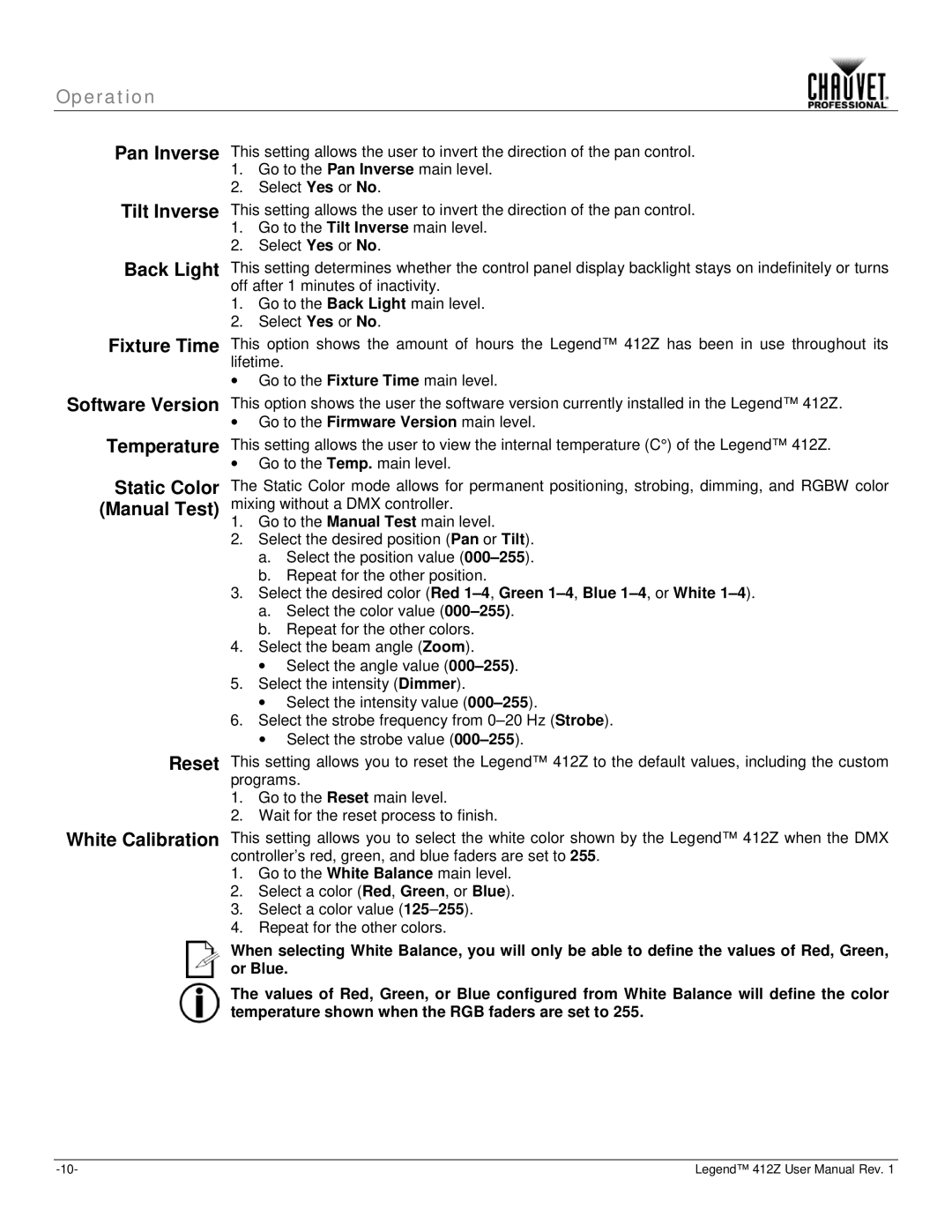 Chauvet Legend 412Z user manual Operation 