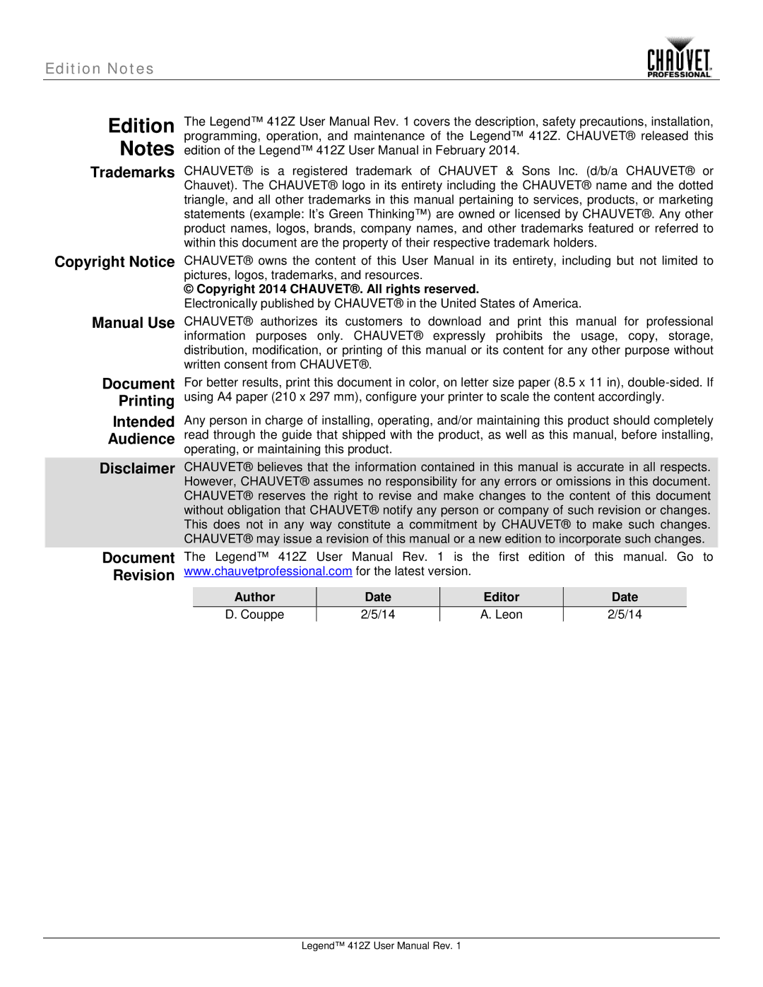 Chauvet Legend 412Z Disclaimer, Document Revision, Copyright 2014 CHAUVET. All rights reserved, Author Date Editor 