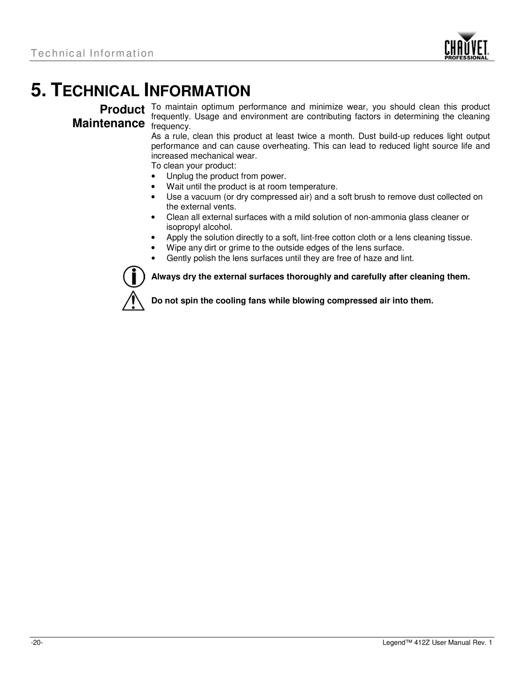 Chauvet Legend 412Z user manual Technical Information, Product Maintenance 