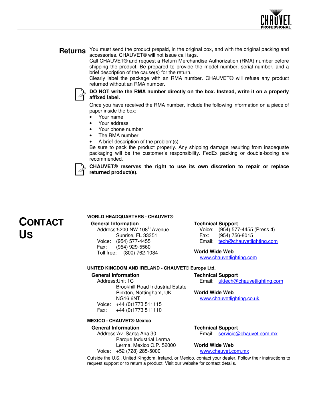 Chauvet Legend 412Z user manual Contact, General Information Technical Support, World Wide Web 