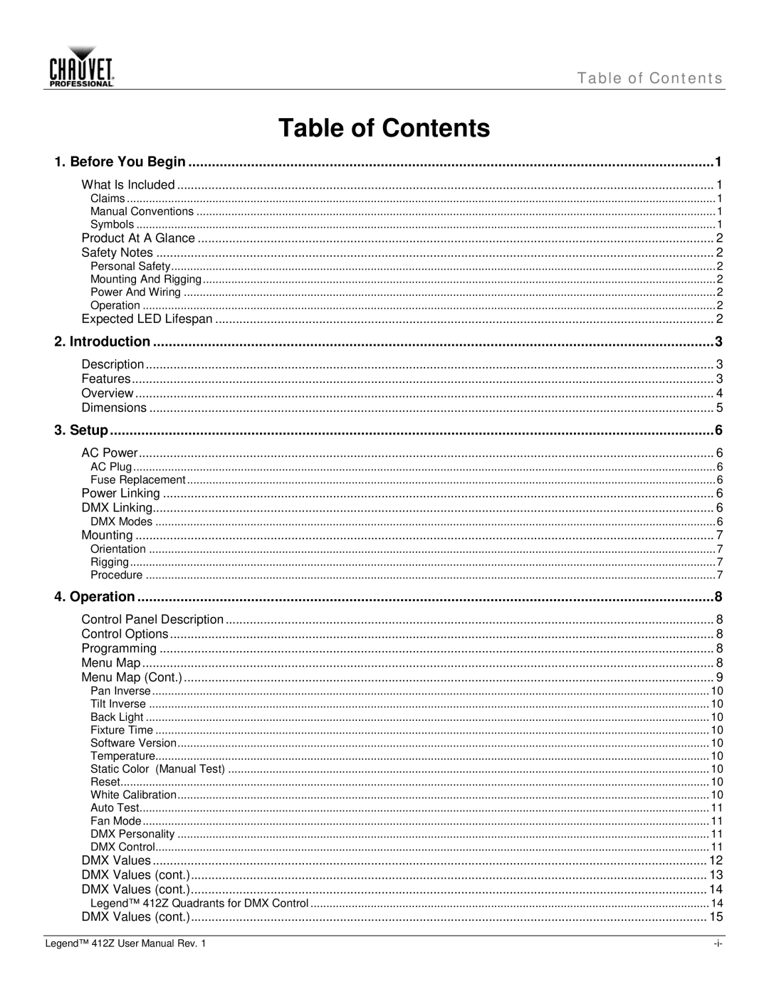 Chauvet Legend 412Z user manual Table of Contents 