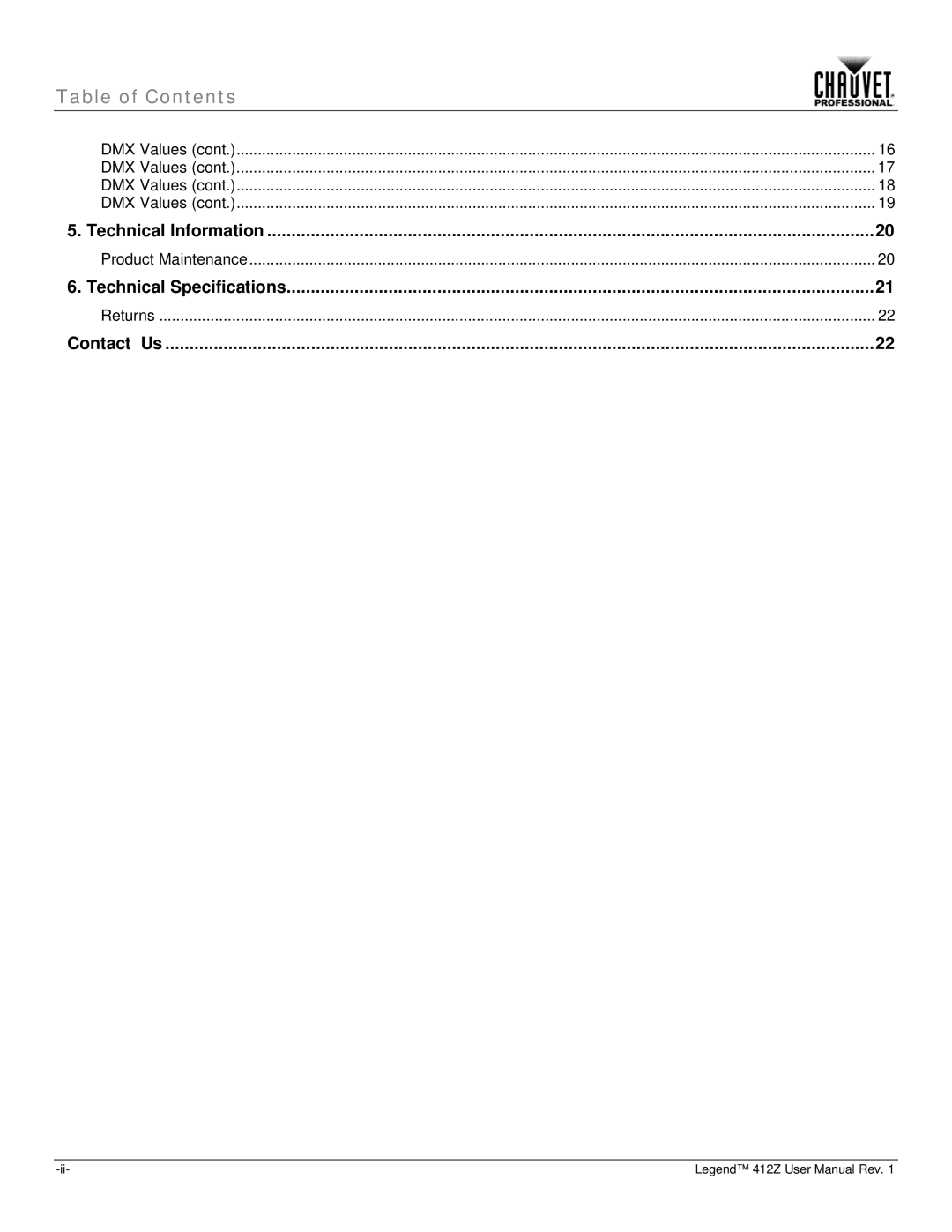 Chauvet Legend 412Z user manual Table of Contents 