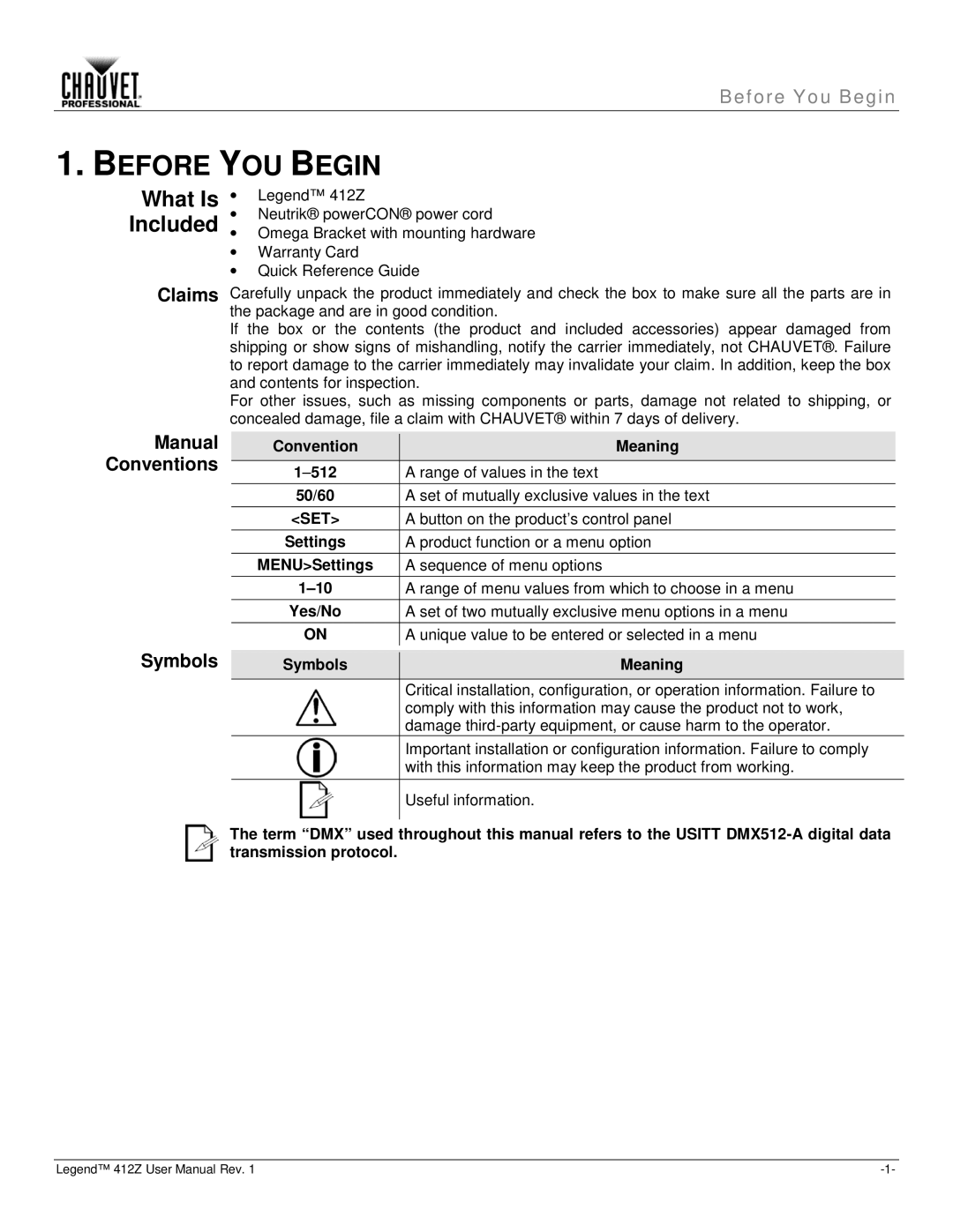 Chauvet Legend 412Z user manual Before YOU Begin, What Is Included, Claims Manual Conventions Symbols 