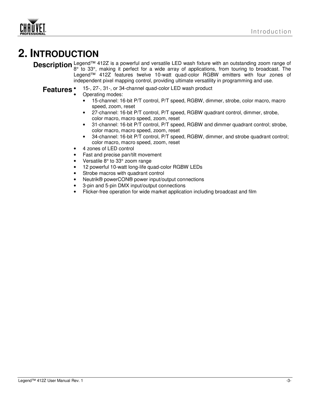 Chauvet Legend 412Z user manual Introduction 