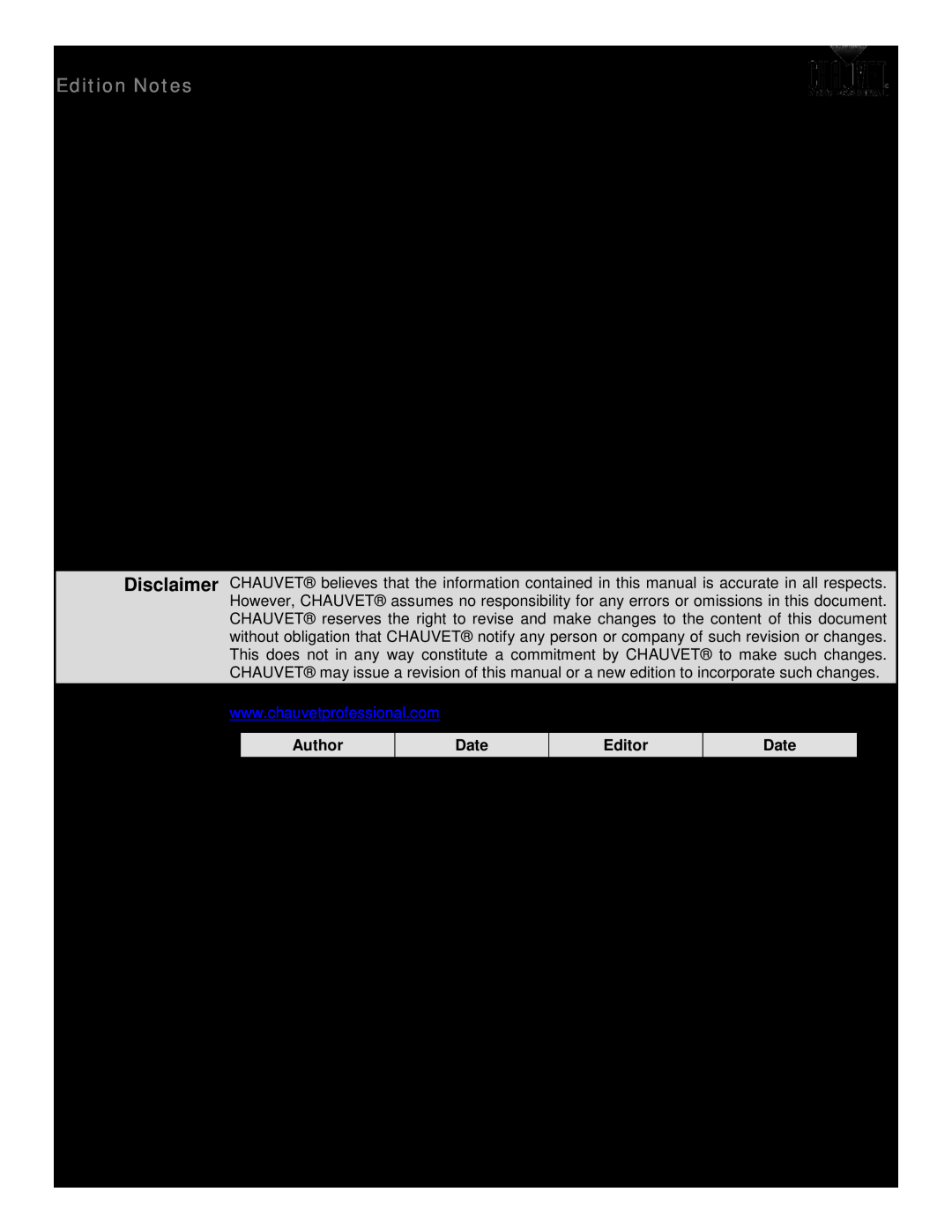 Chauvet Legend 412Z user manual Edition Notes, Disclaimer, Document, Revision 