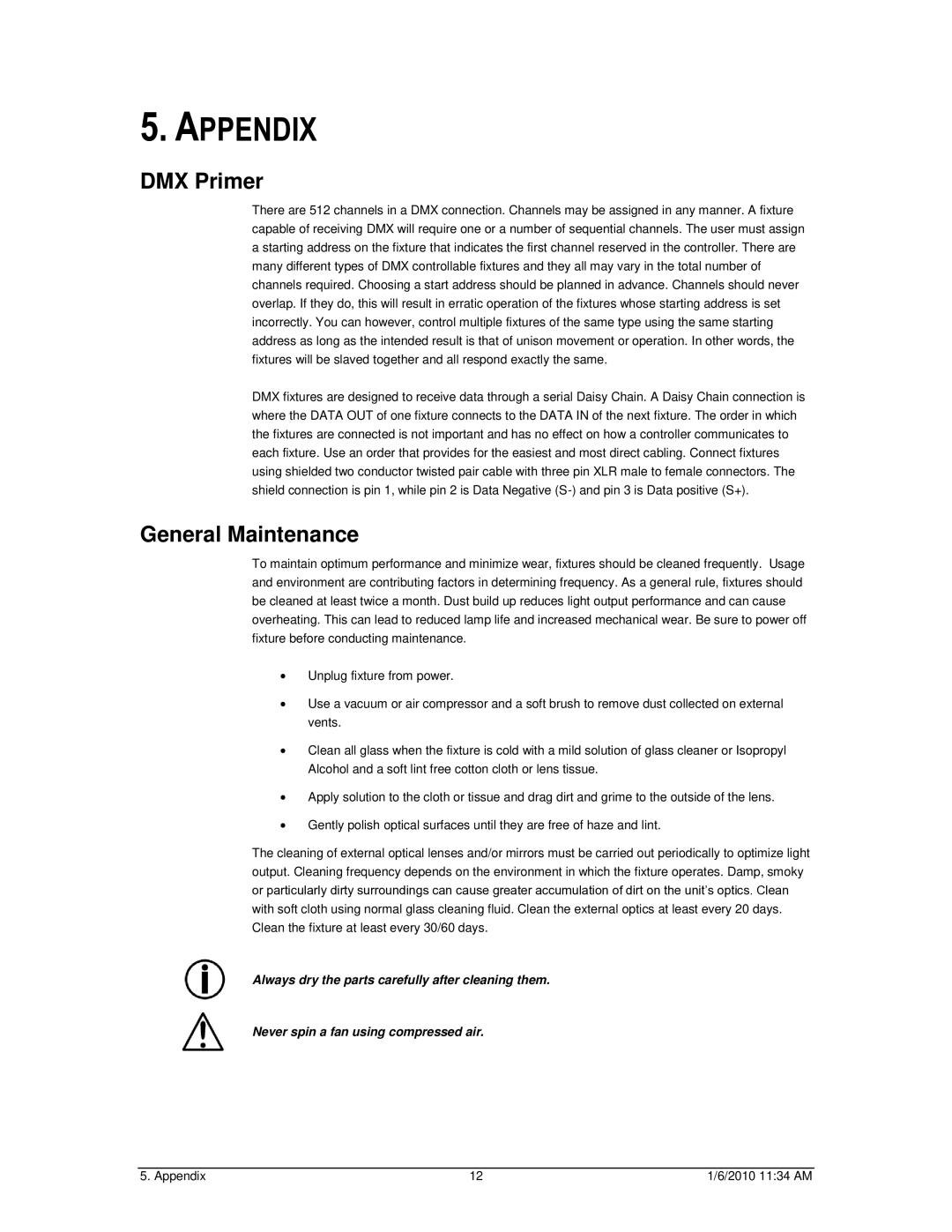 Chauvet Line Dancer LED user manual Appendix, DMX Primer, General Maintenance 