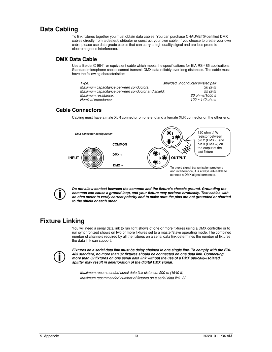 Chauvet Line Dancer LED user manual Data Cabling, Fixture Linking 