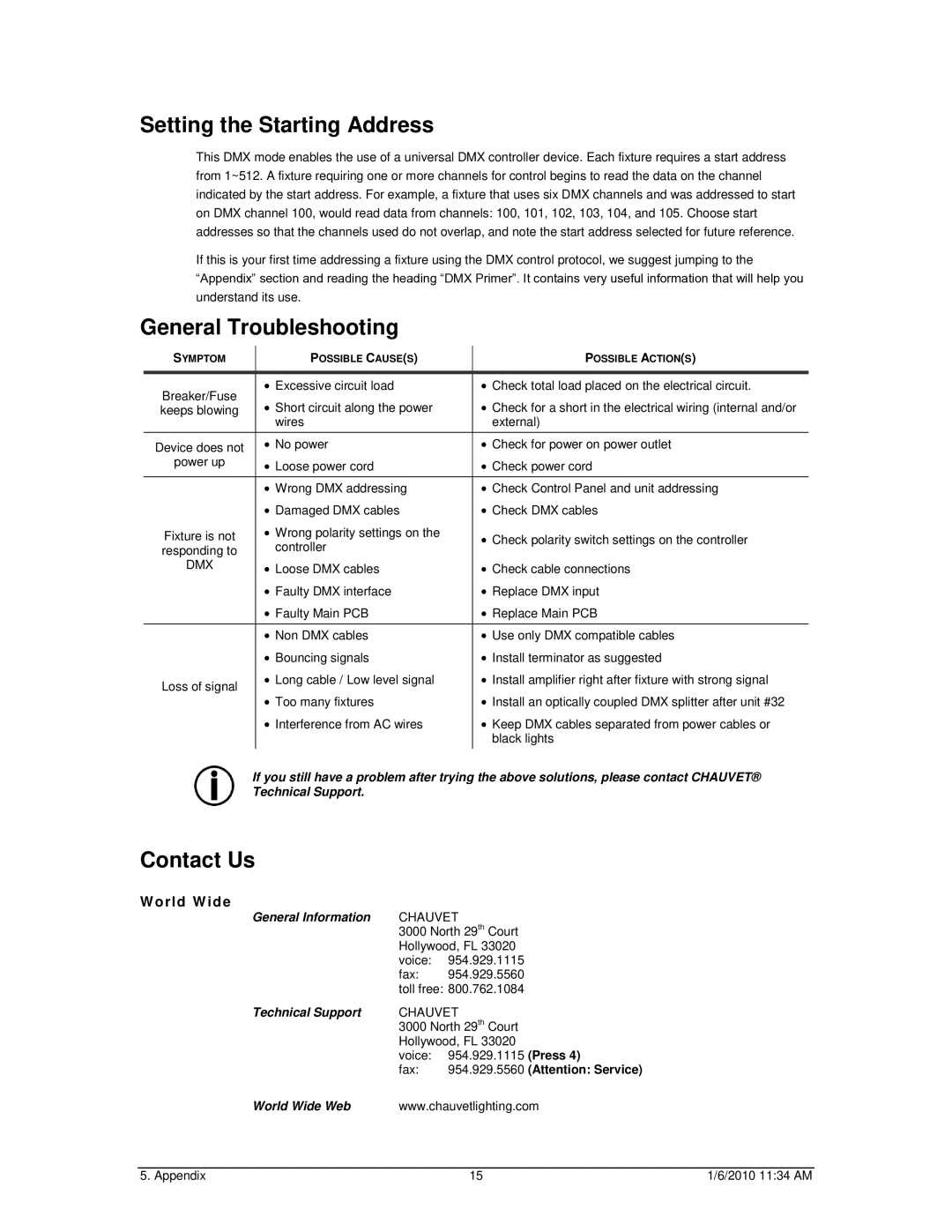 Chauvet Line Dancer LED user manual Setting the Starting Address, General Troubleshooting, Contact Us 