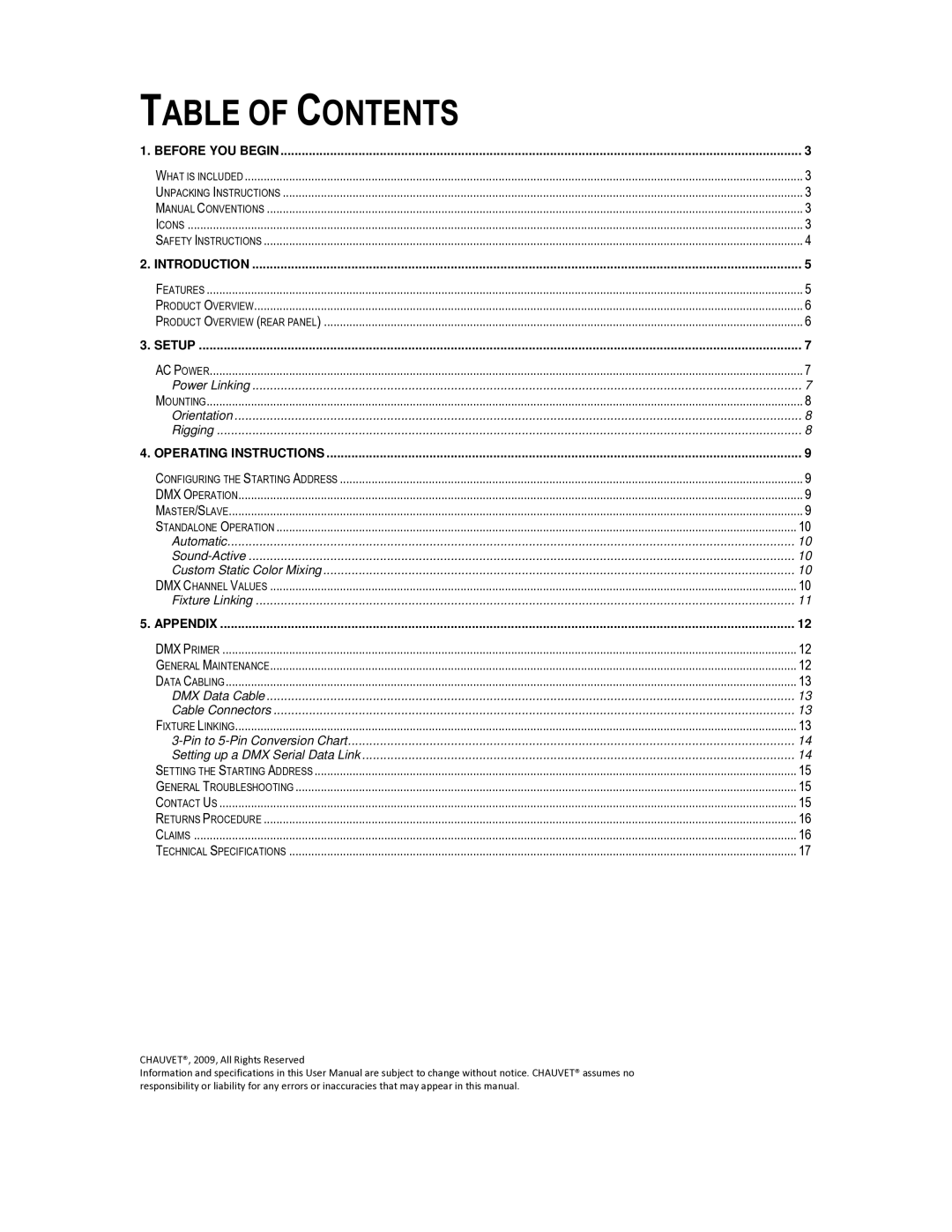 Chauvet Line Dancer LED user manual Table of Contents 