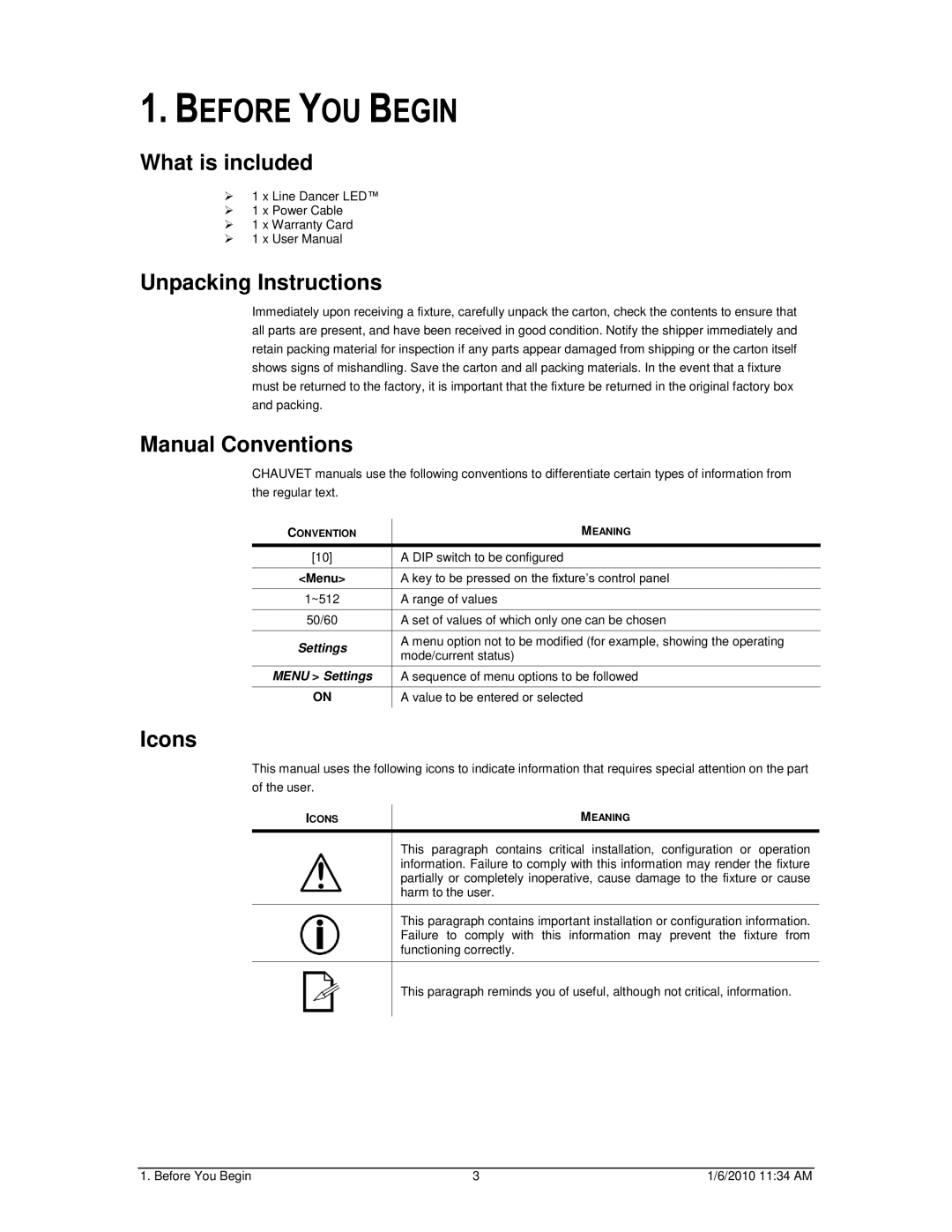 Chauvet Line Dancer LED user manual Before YOU Begin, What is included, Unpacking Instructions, Manual Conventions, Icons 