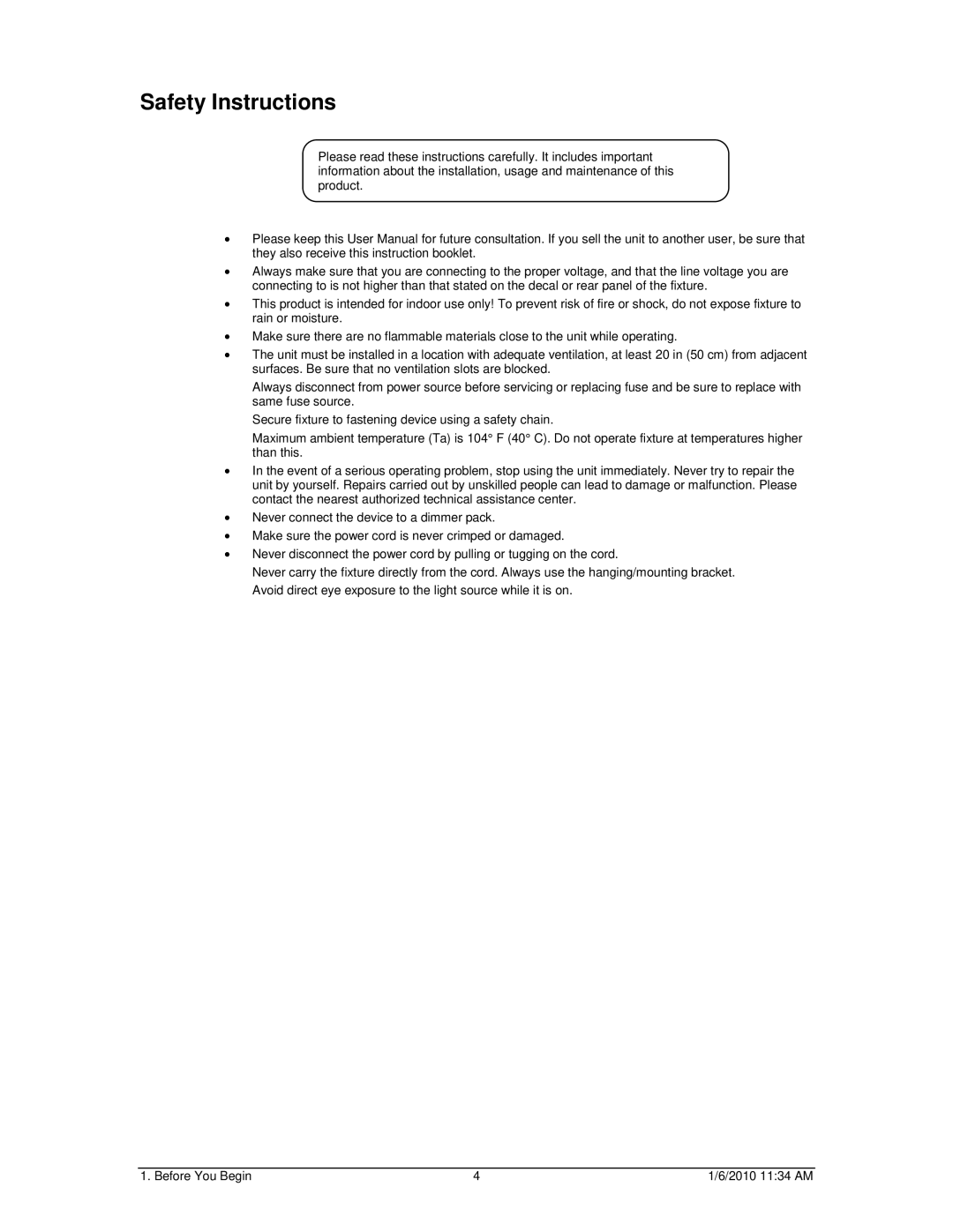 Chauvet Line Dancer LED user manual Safety Instructions 