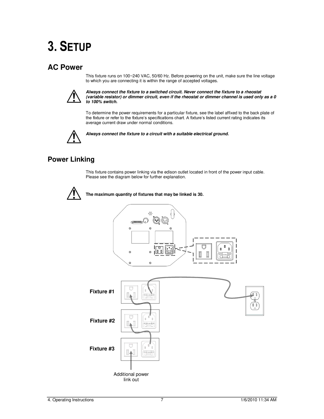 Chauvet Line Dancer LED user manual Setup, AC Power, Power Linking 