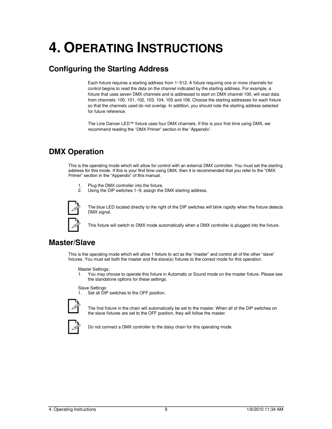 Chauvet Line Dancer LED user manual Operating Instructions, Configuring the Starting Address, DMX Operation, Master/Slave 