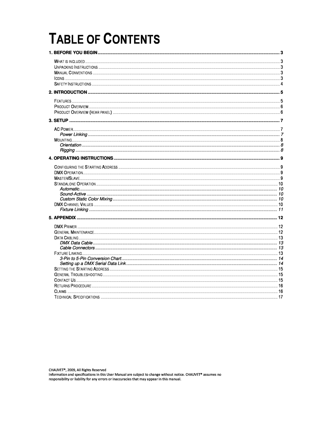 Chauvet Line Dancer LED user manual Table Of Contents 