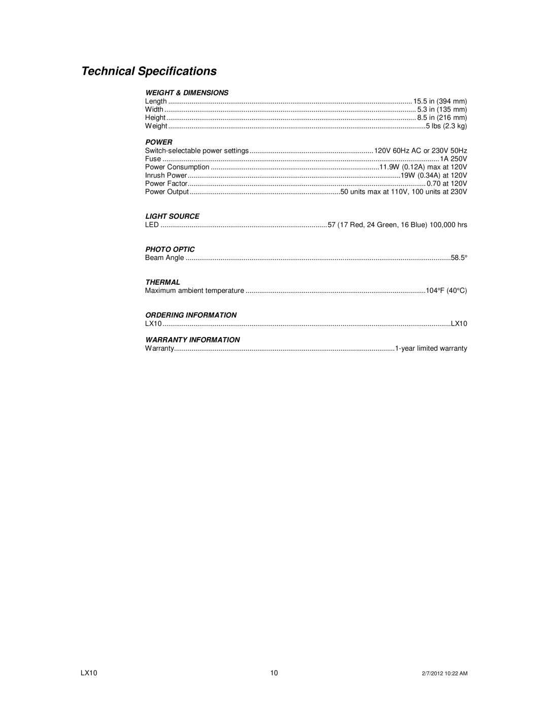 Chauvet LX10 user manual Technical Specifications, Power 