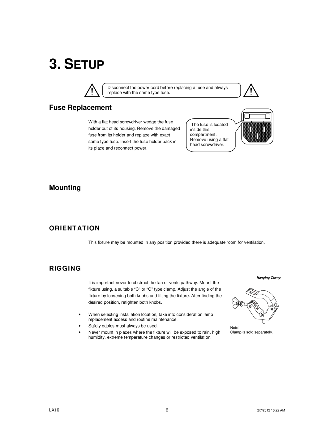 Chauvet LX10 user manual Setup, Fuse Replacement, Mounting 