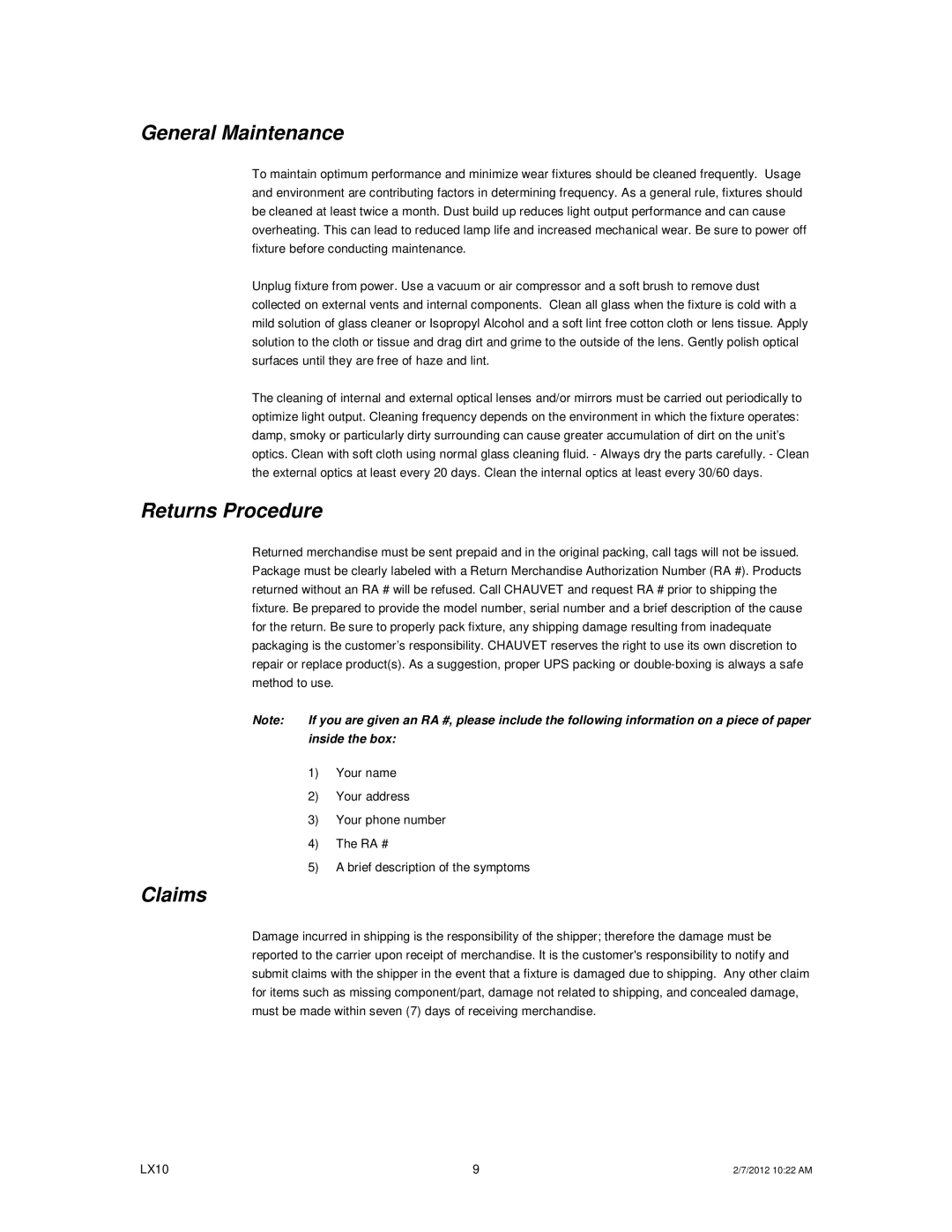 Chauvet LX10 user manual General Maintenance, Returns Procedure, Claims 