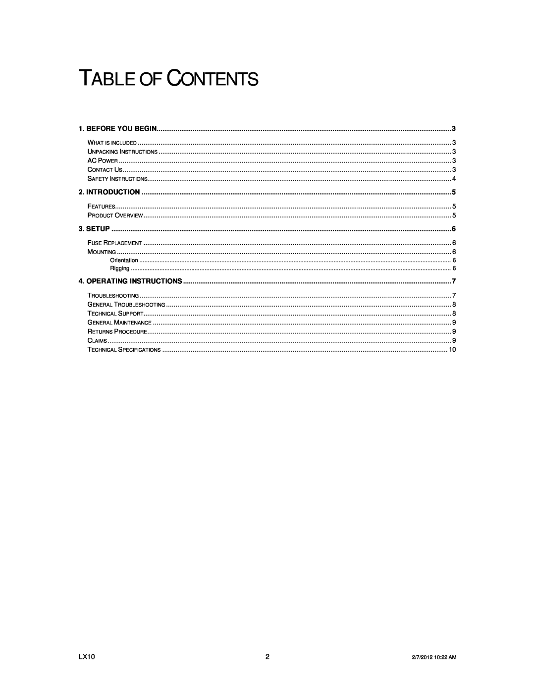 Chauvet LX10 user manual Table Of Contents 
