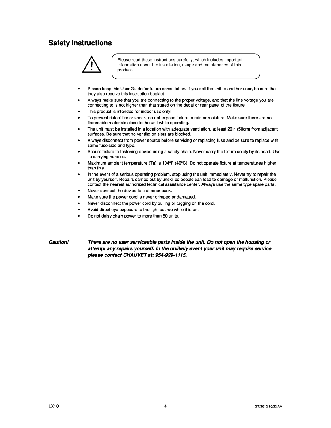Chauvet LX10 user manual Safety Instructions 