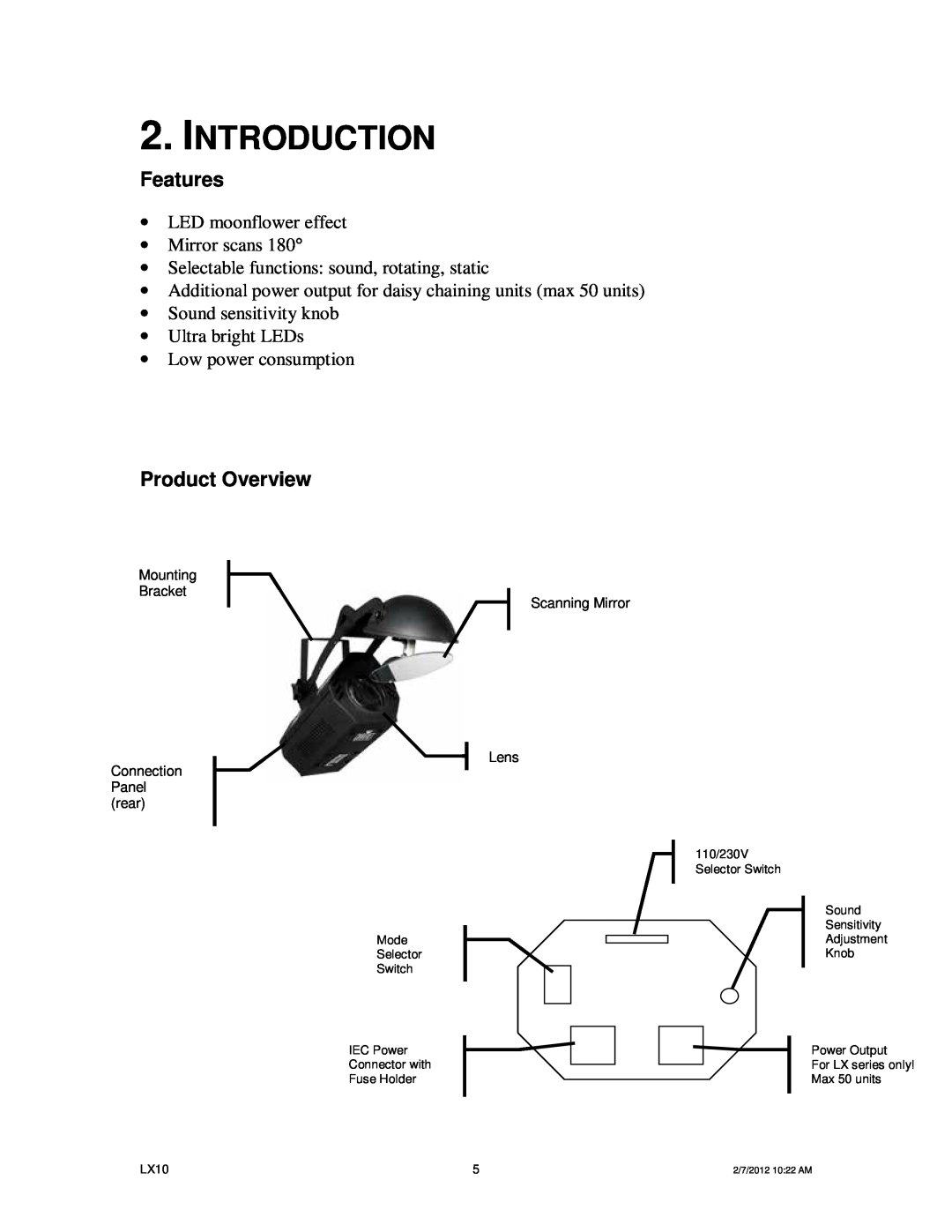 Chauvet LX10 user manual Introduction, Features, Product Overview 