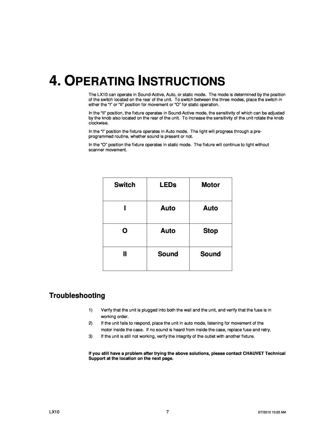 Chauvet LX10 user manual Operating Instructions, Troubleshooting, Switch, LEDs, Motor, Auto, Stop 