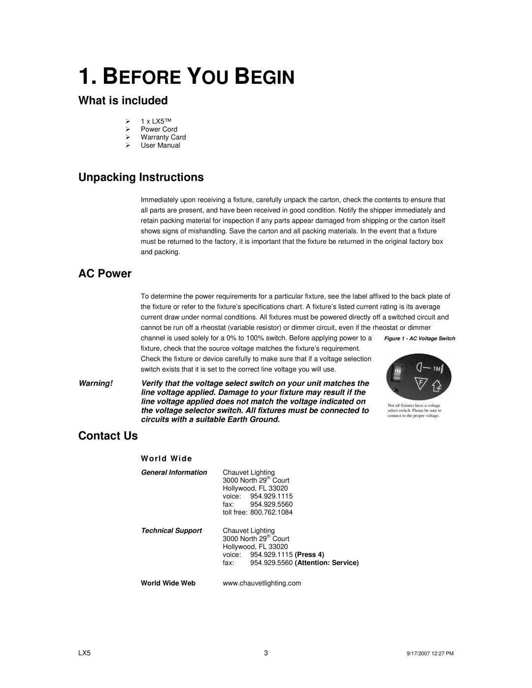 Chauvet LX5 user manual Before YOU Begin, What is included, Unpacking Instructions, AC Power, Contact Us 