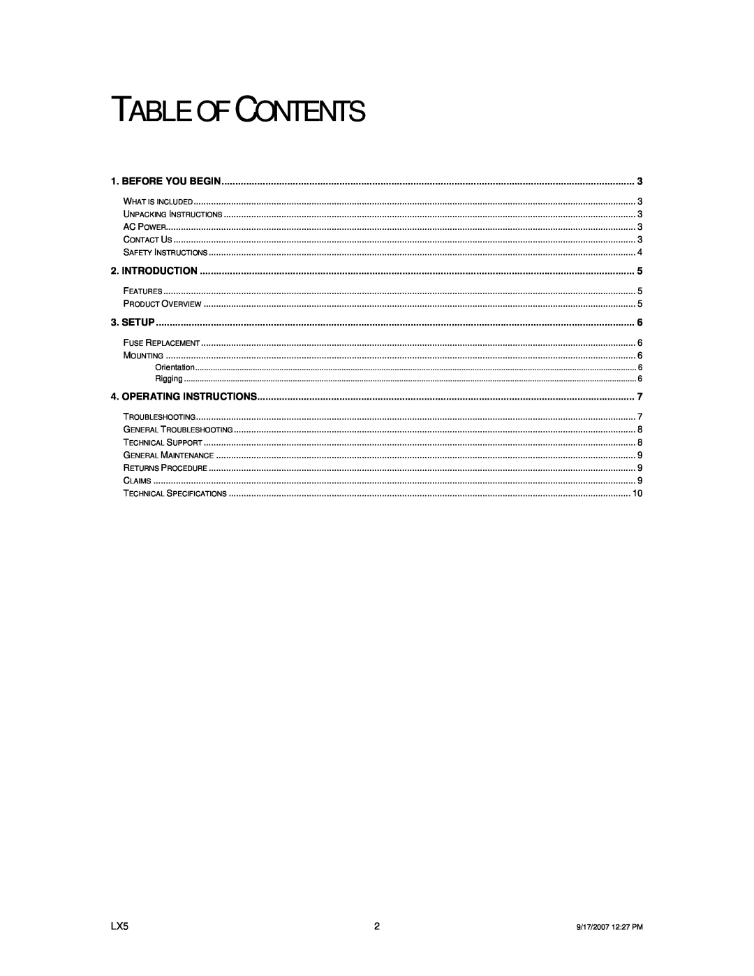 Chauvet LX5 user manual Table Of Contents, Before You Begin 
