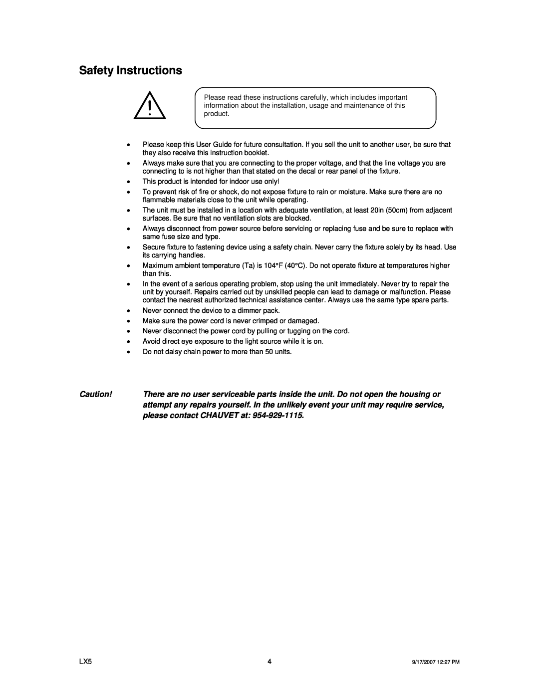 Chauvet LX5 user manual Safety Instructions 