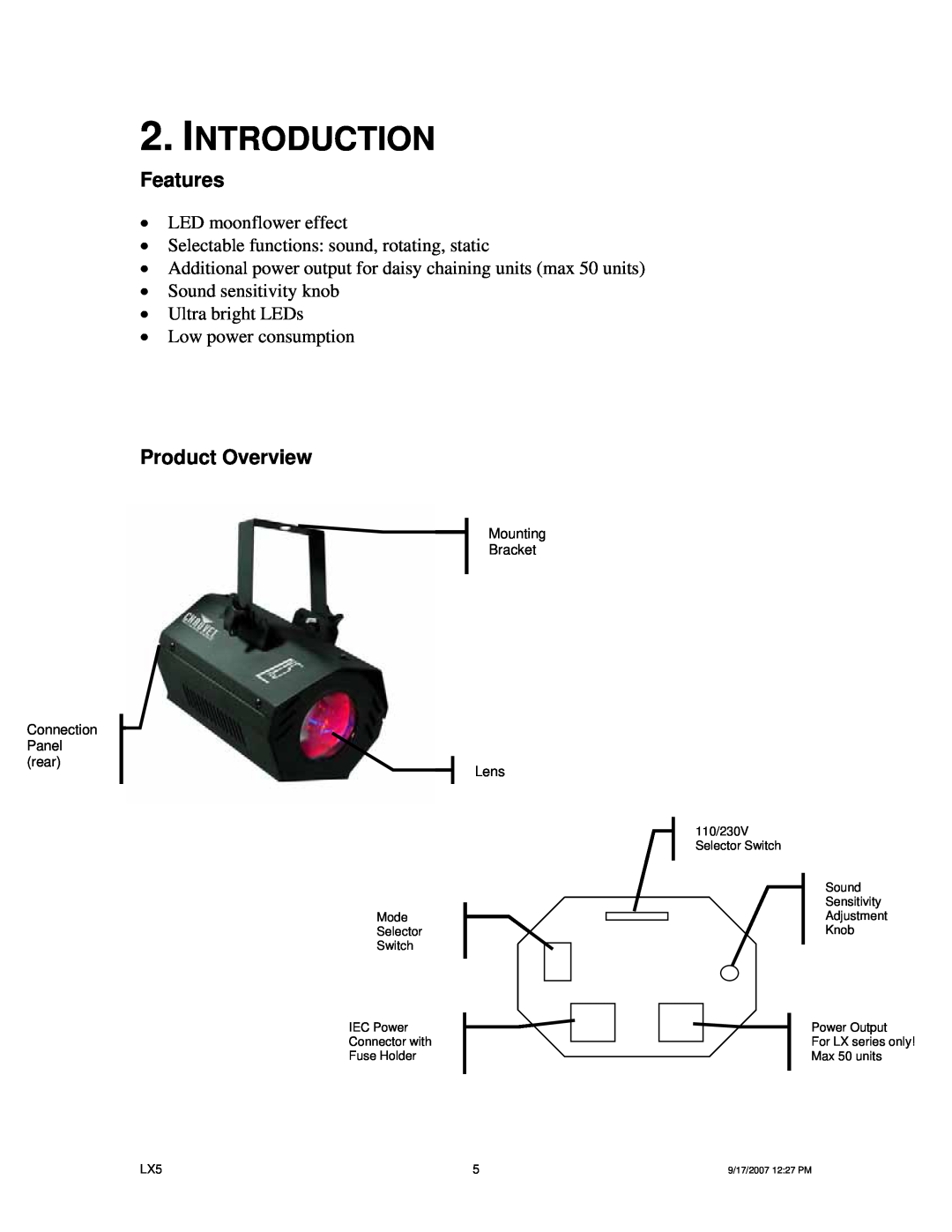 Chauvet LX5 Introduction, Features, Product Overview, xLED moonflower effect, xSound sensitivity knob xUltra bright LEDs 