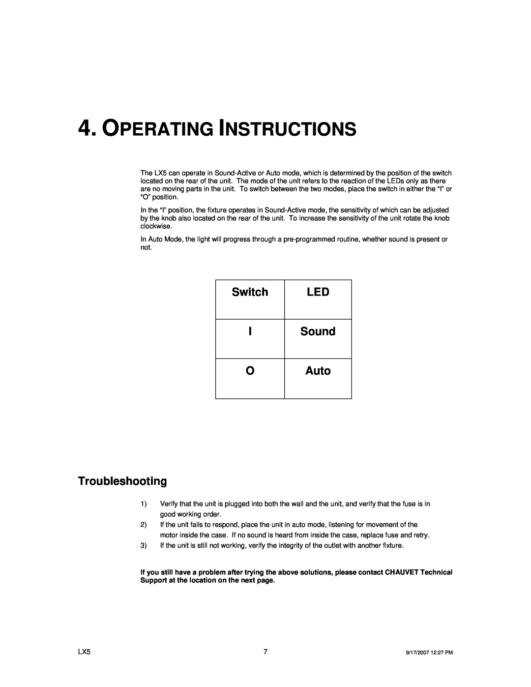 Chauvet LX5 user manual Operating Instructions, Switch, Sound, Auto, Troubleshooting 