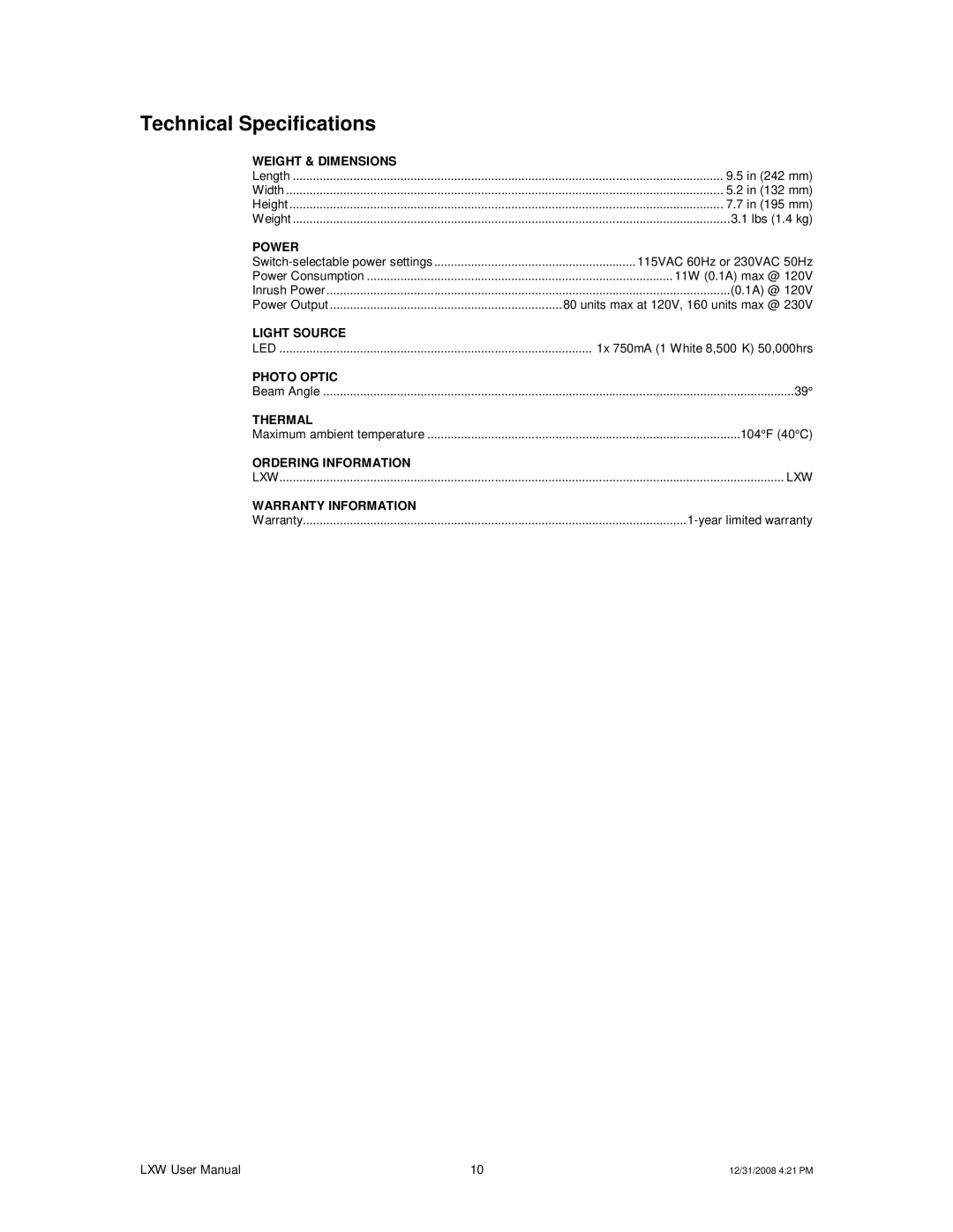 Chauvet LXW user manual Technical Specifications, Power 