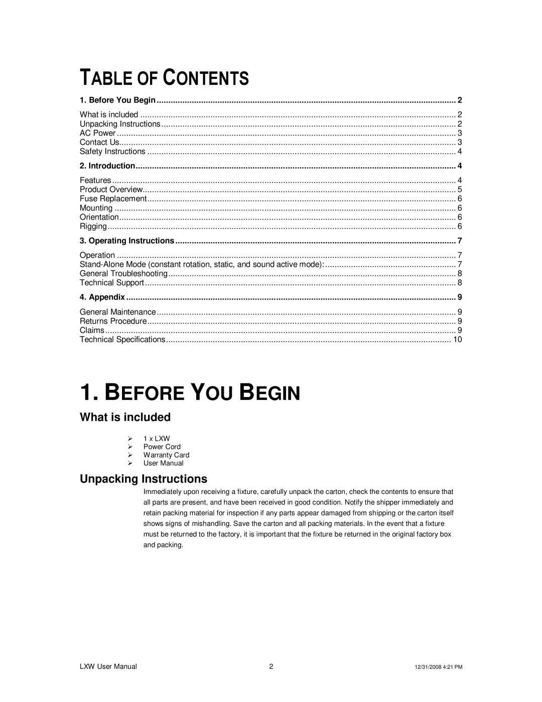 Chauvet LXW user manual Table of Contents, Before YOU Begin 