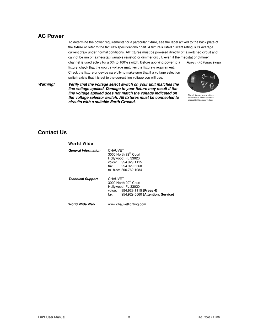 Chauvet LXW user manual AC Power, Contact Us 