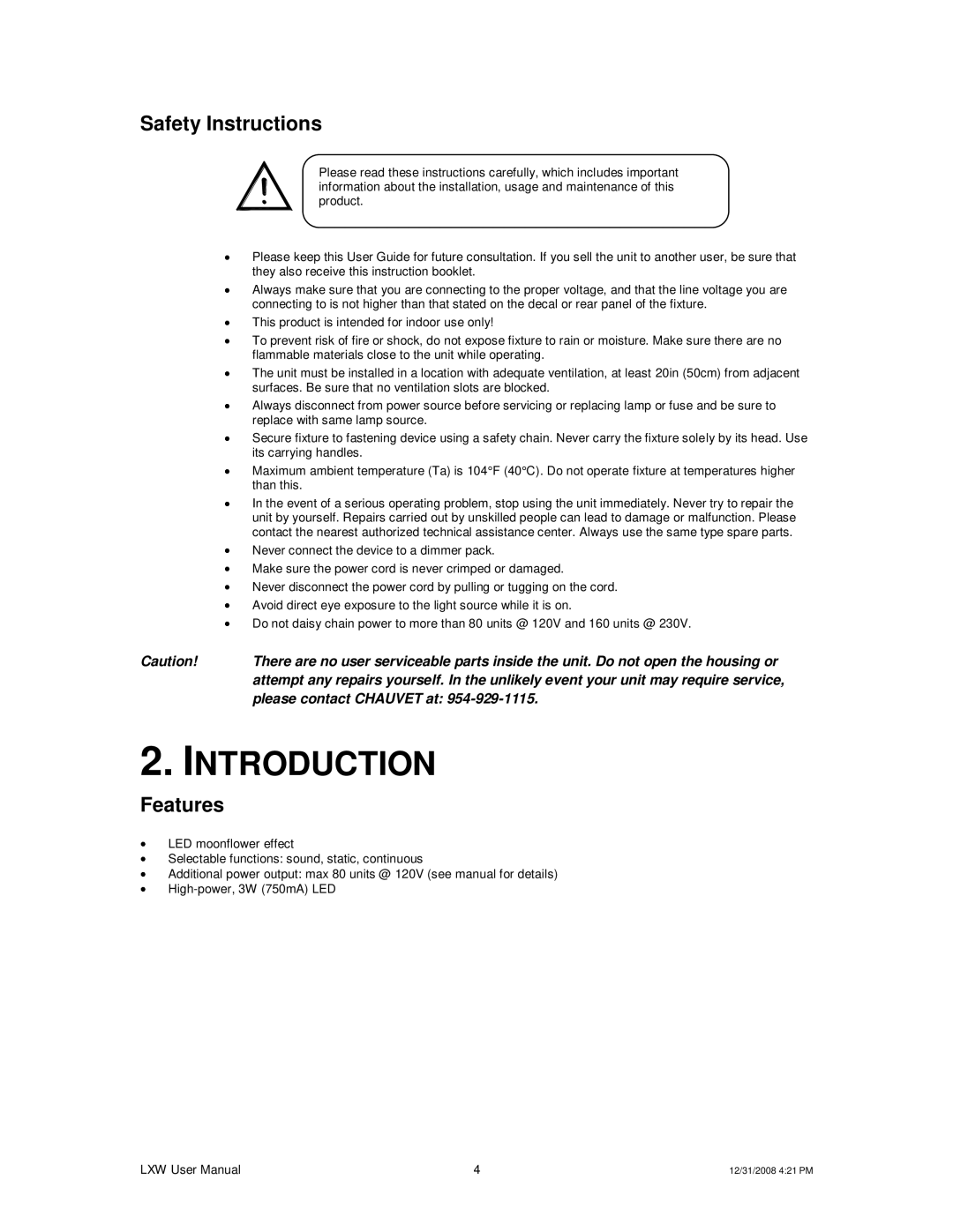 Chauvet LXW user manual Introduction, Safety Instructions, Features 