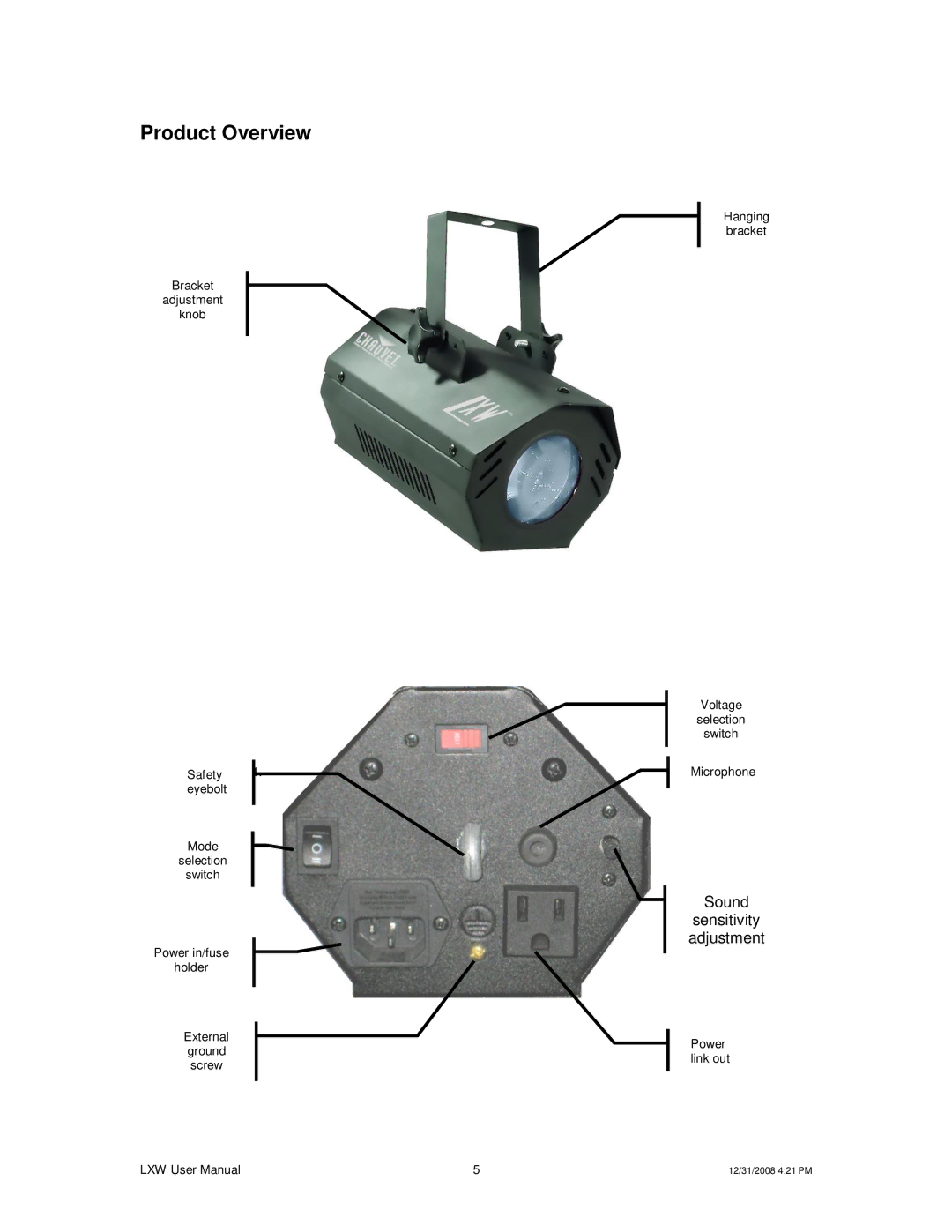 Chauvet LXW user manual Product Overview, Sound Sensitivity adjustment 