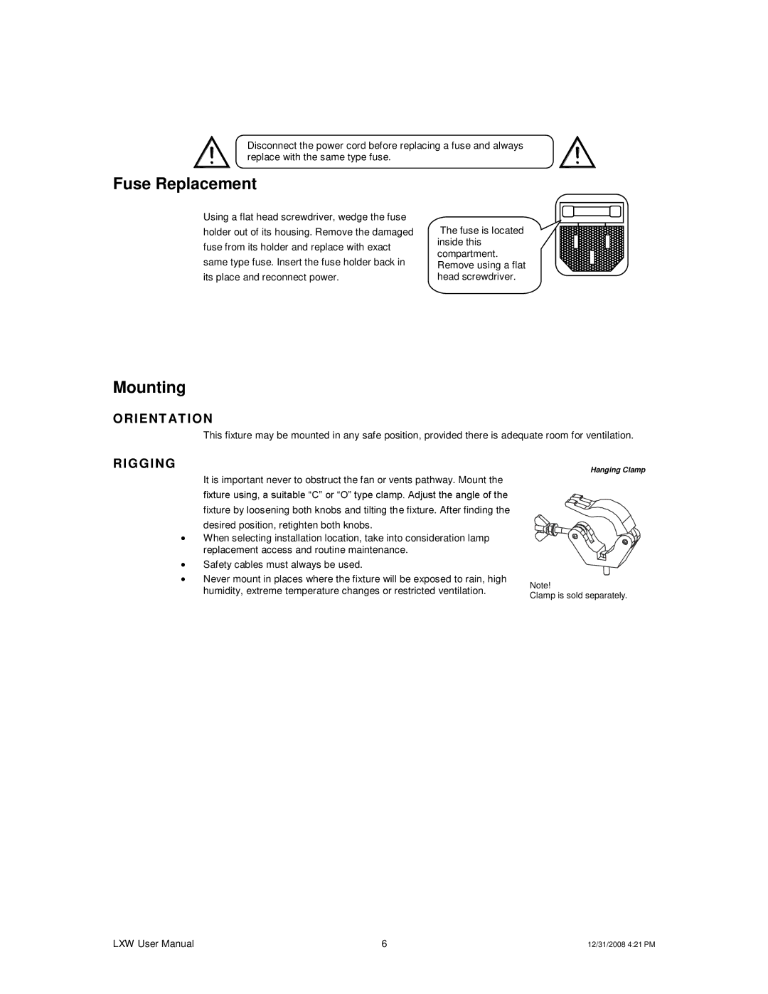 Chauvet LXW user manual Fuse Replacement, Mounting 