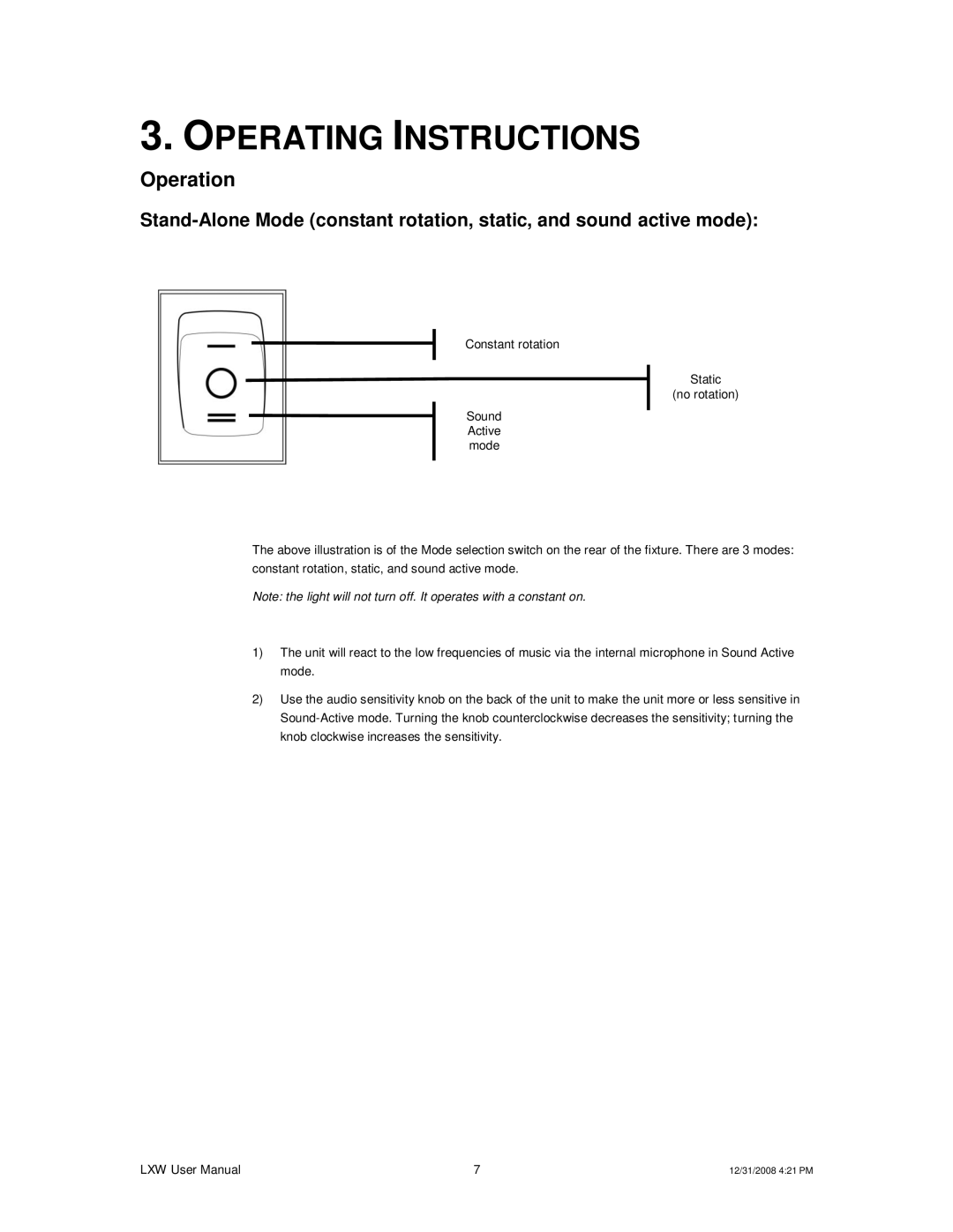 Chauvet LXW user manual Operating Instructions, Operation 