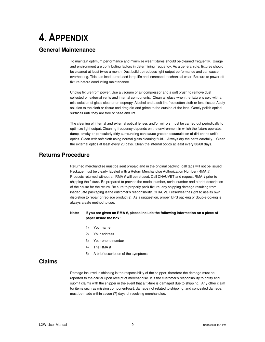 Chauvet LXW user manual Appendix, General Maintenance, Returns Procedure, Claims 