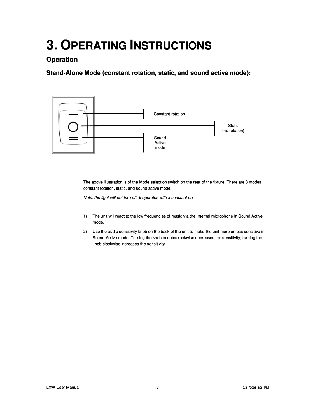 Chauvet LXW user manual Operating Instructions, Operation 