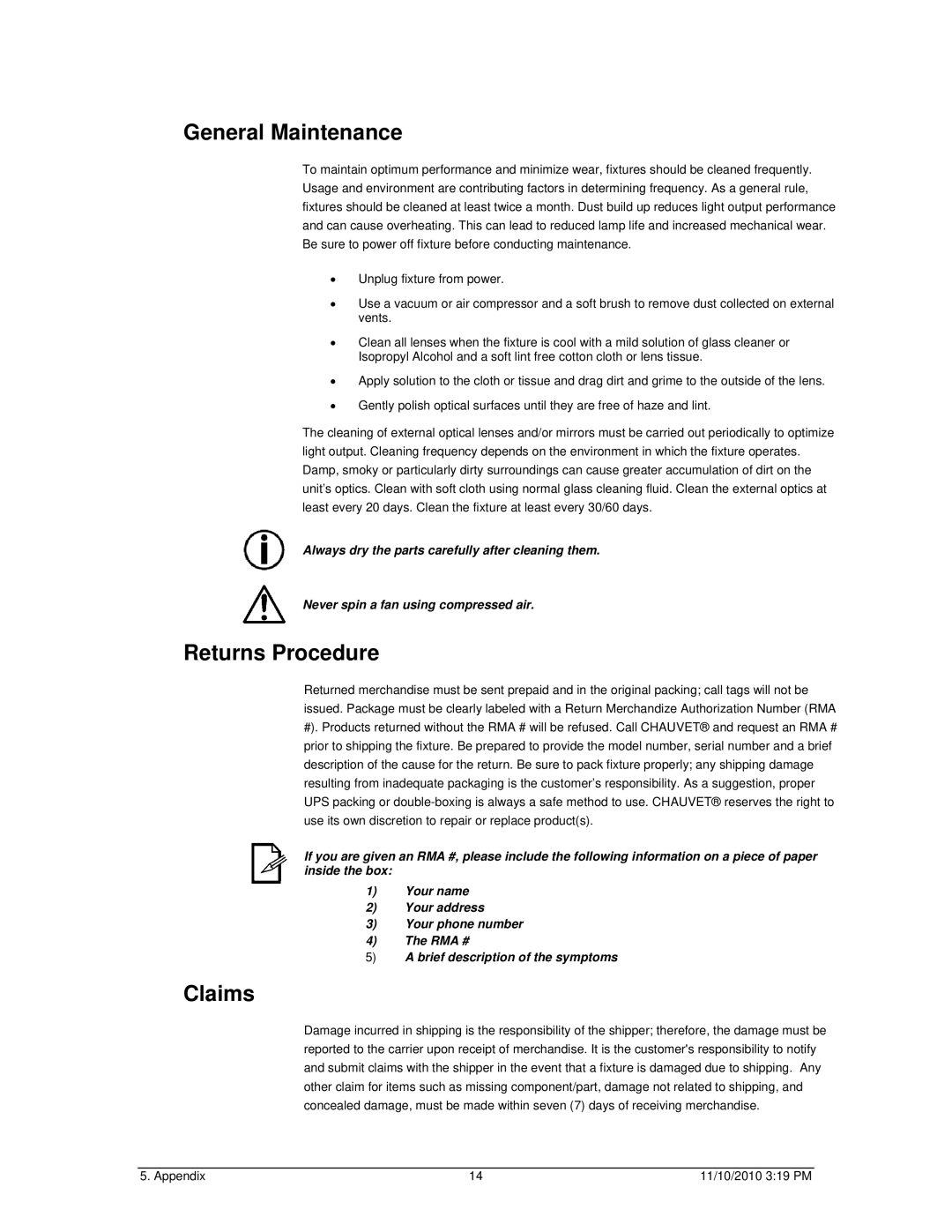 Chauvet Marine Lighting user manual General Maintenance, Returns Procedure, Claims 