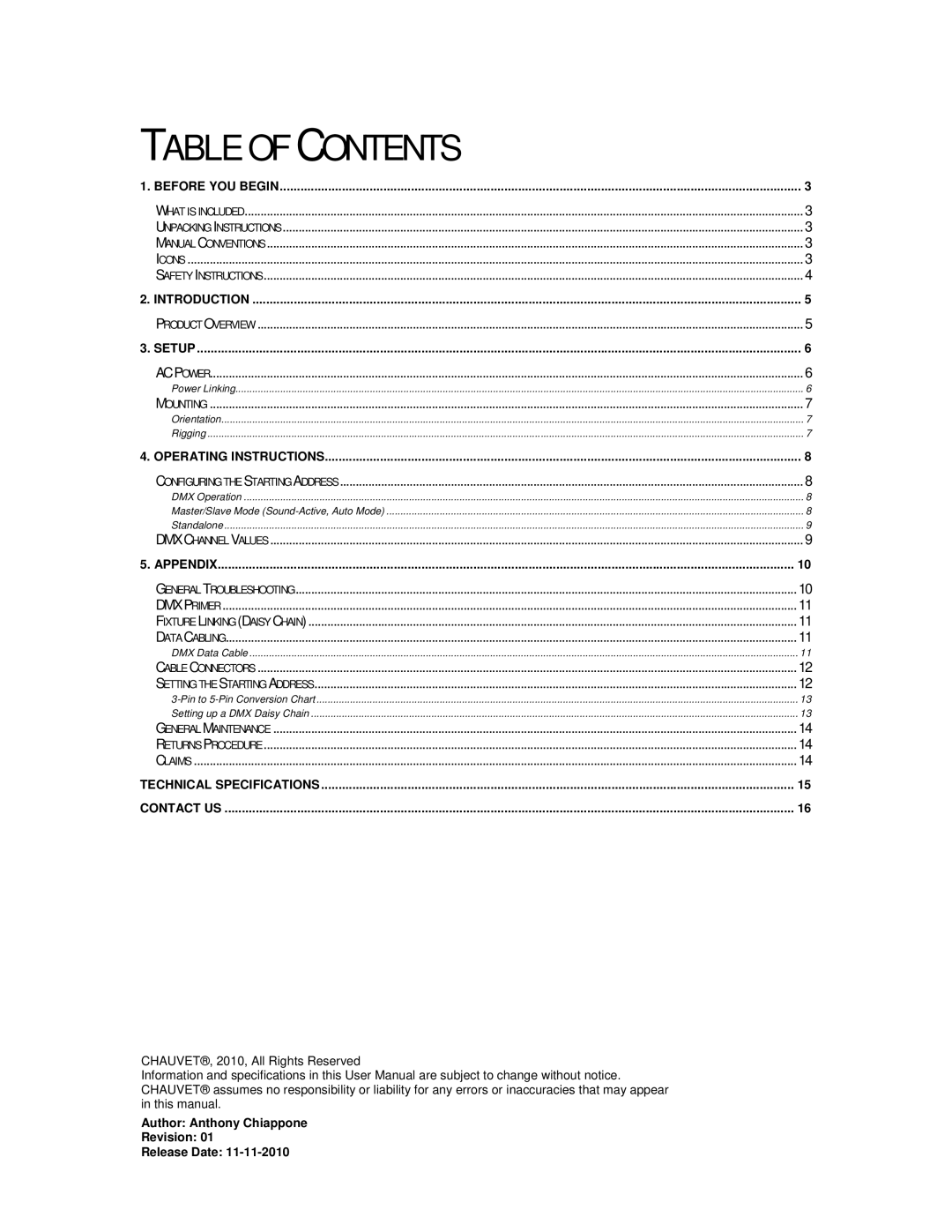 Chauvet Marine Lighting user manual Table of Contents 