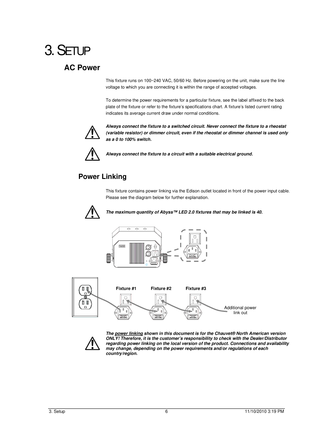 Chauvet Marine Lighting user manual Setup, AC Power, Power Linking 