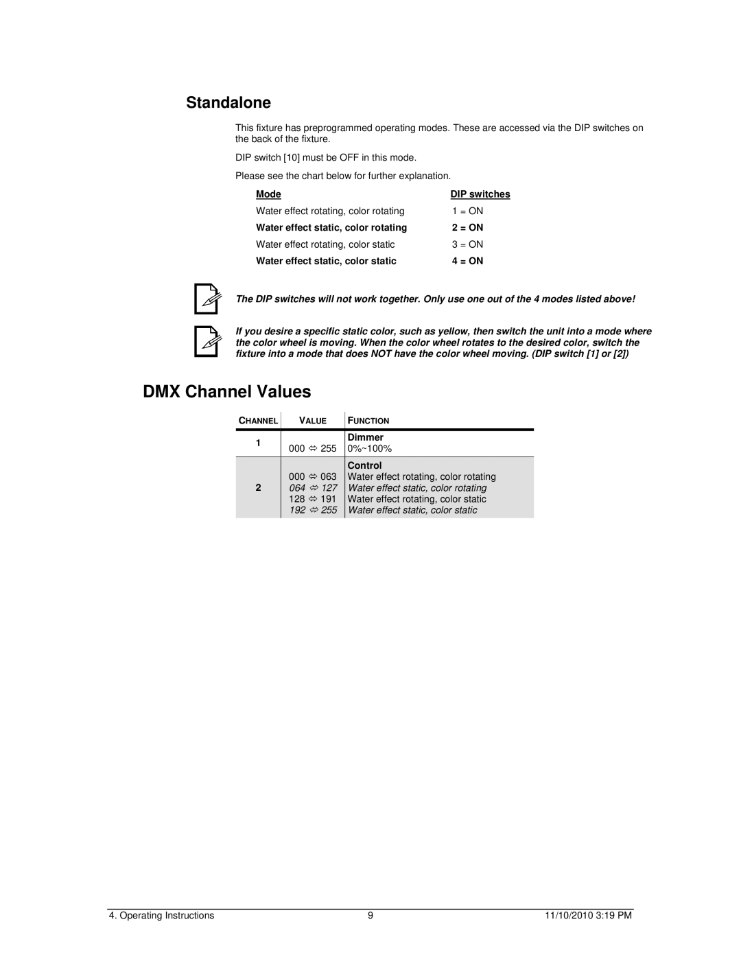 Chauvet Marine Lighting user manual DMX Channel Values, Standalone 