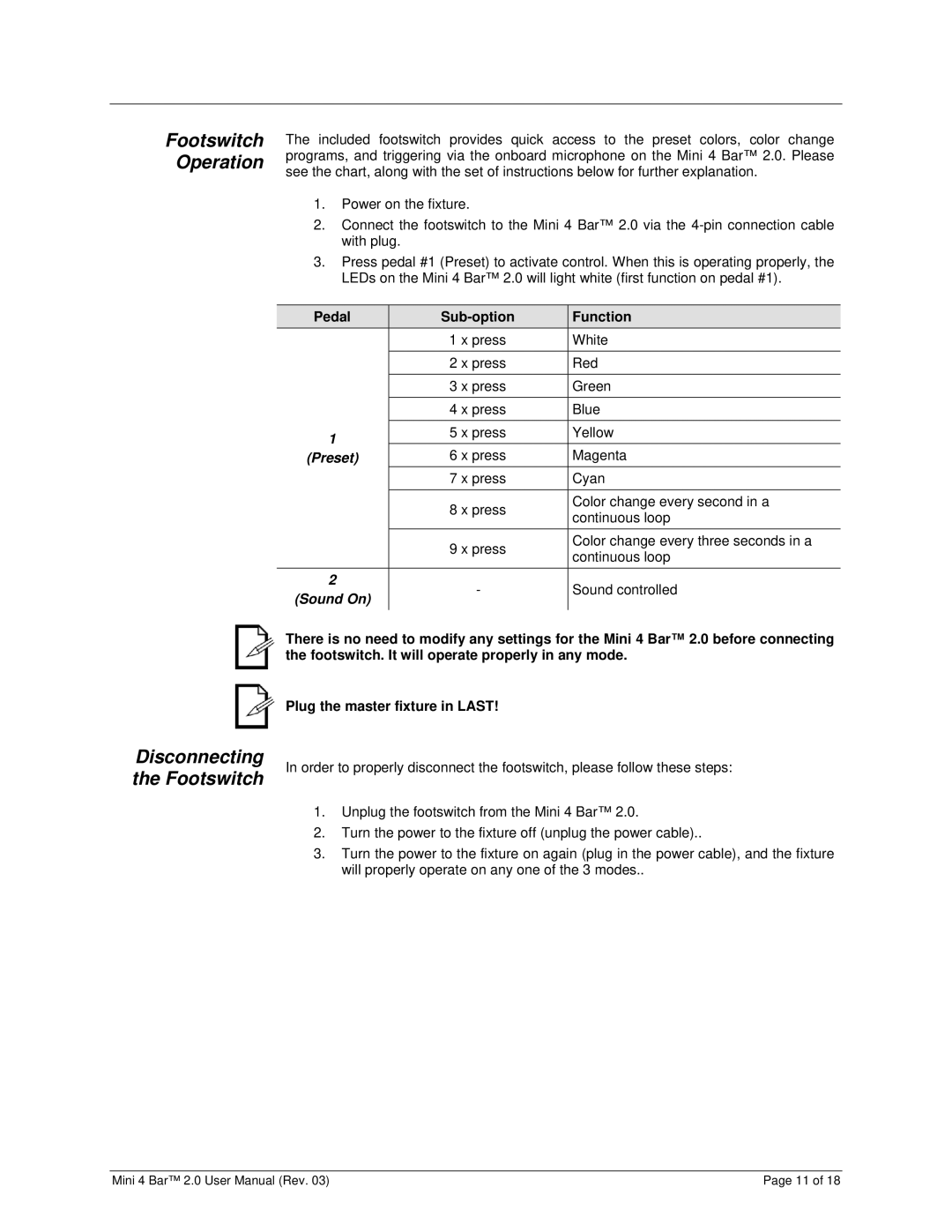 Chauvet MINI 4 BAR 2.0 user manual Footswitch Operation, Disconnecting the Footswitch, Pedal Sub-option Function 