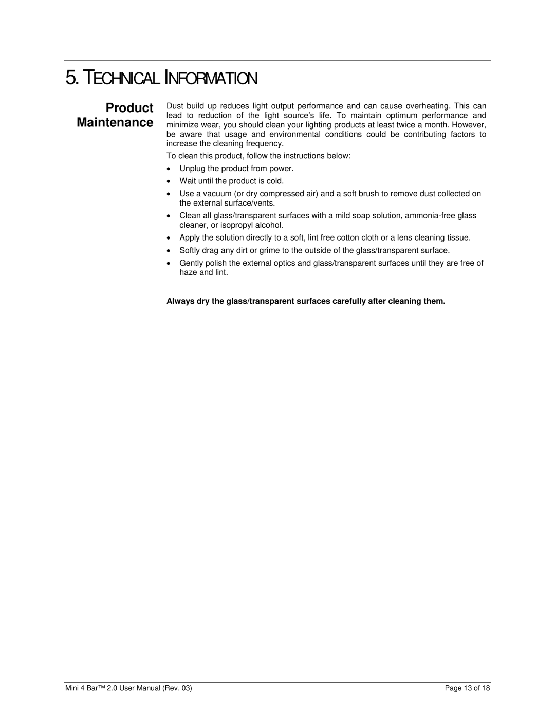 Chauvet MINI 4 BAR 2.0 user manual Technical Information, Product Maintenance 