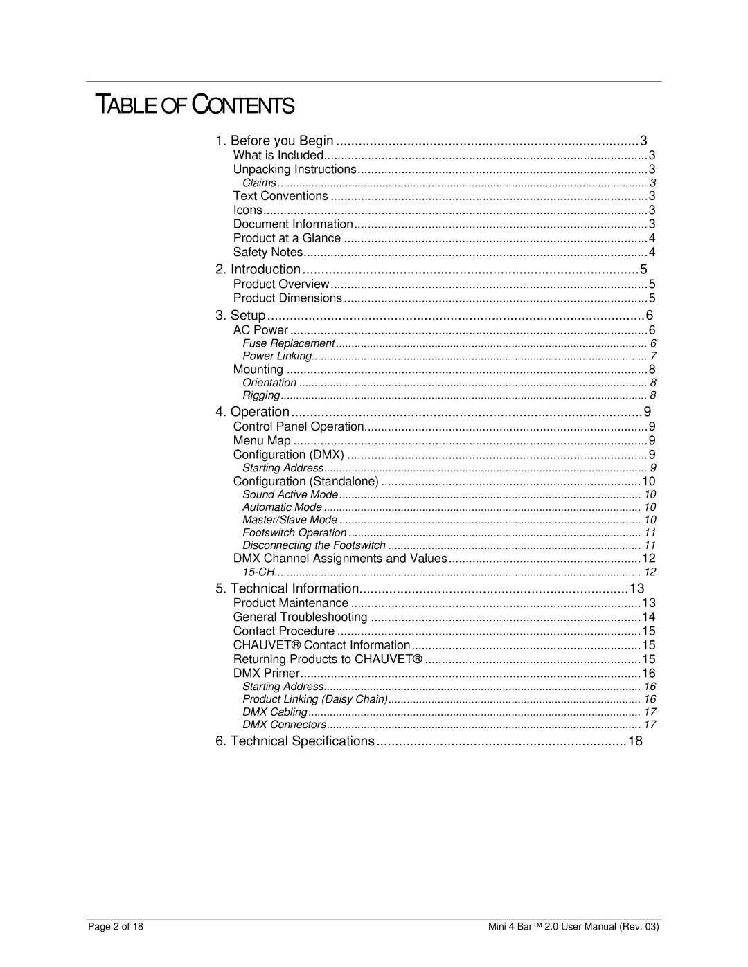 Chauvet MINI 4 BAR 2.0 user manual Table of Contents 