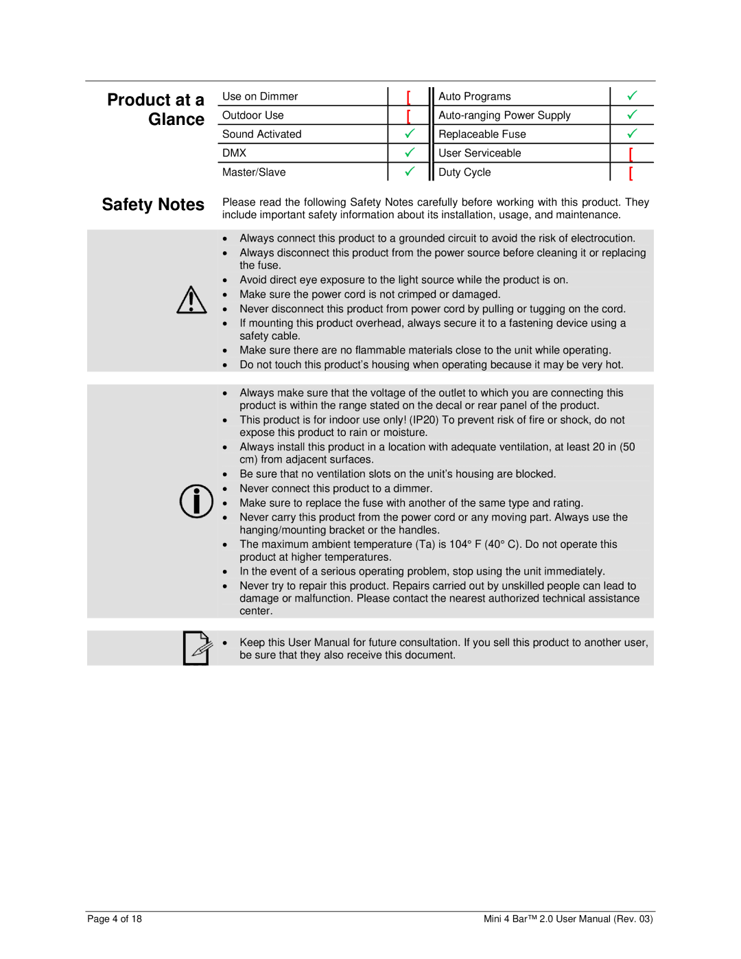 Chauvet MINI 4 BAR 2.0 user manual Safety Notes, Product at a Glance 