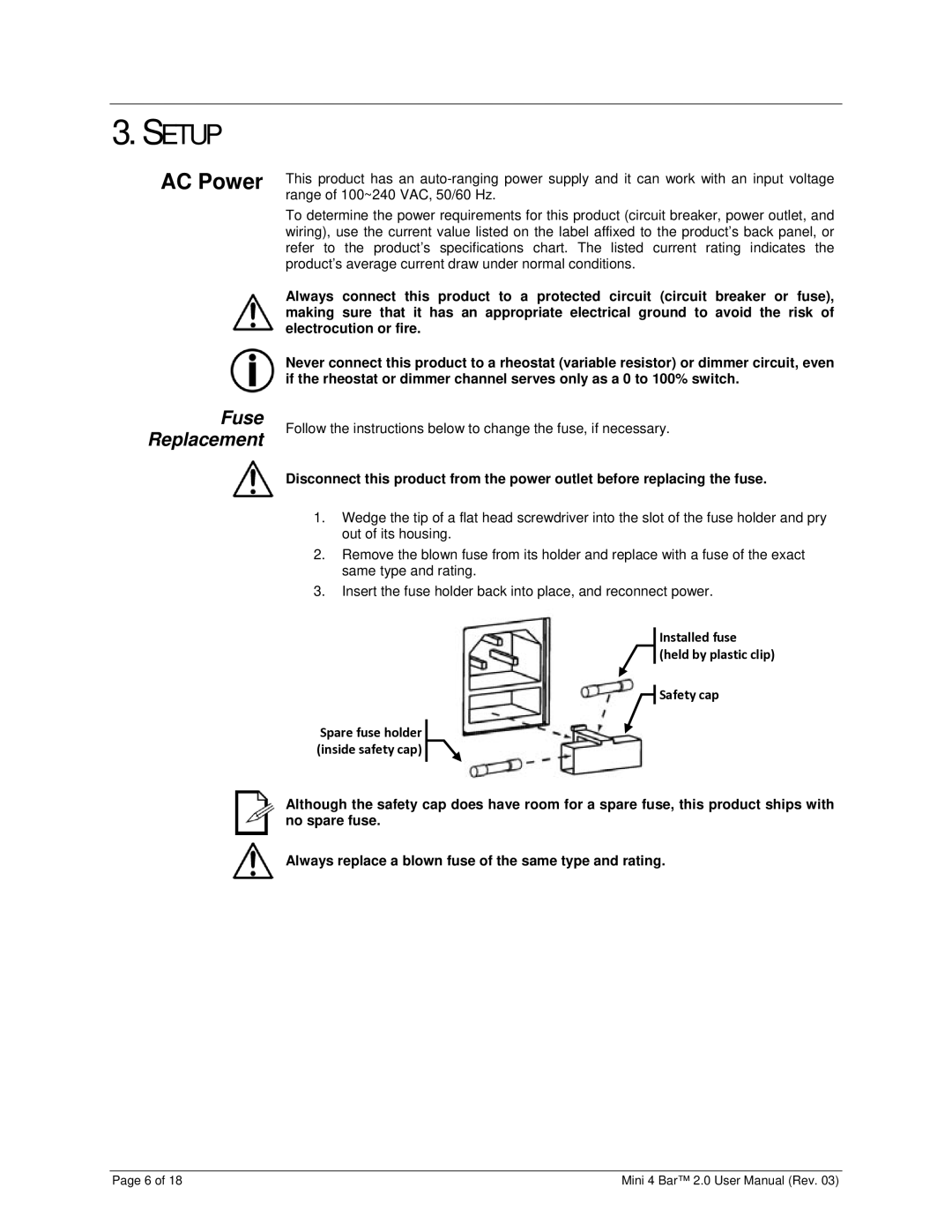 Chauvet MINI 4 BAR 2.0 user manual Setup, AC Power, Fuse Replacement 